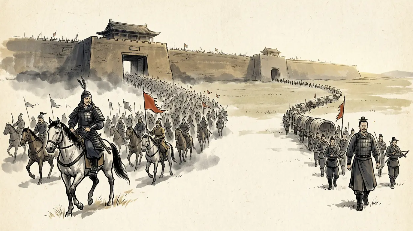 Five thousand Han crossbowmen in a laager of baggage waggons in a bare valley, front rank set with halberds and shields, rear rank loosing, a vast circle of Xiongnu horse closing on the slopes under a low autumn sun, 99 BCE