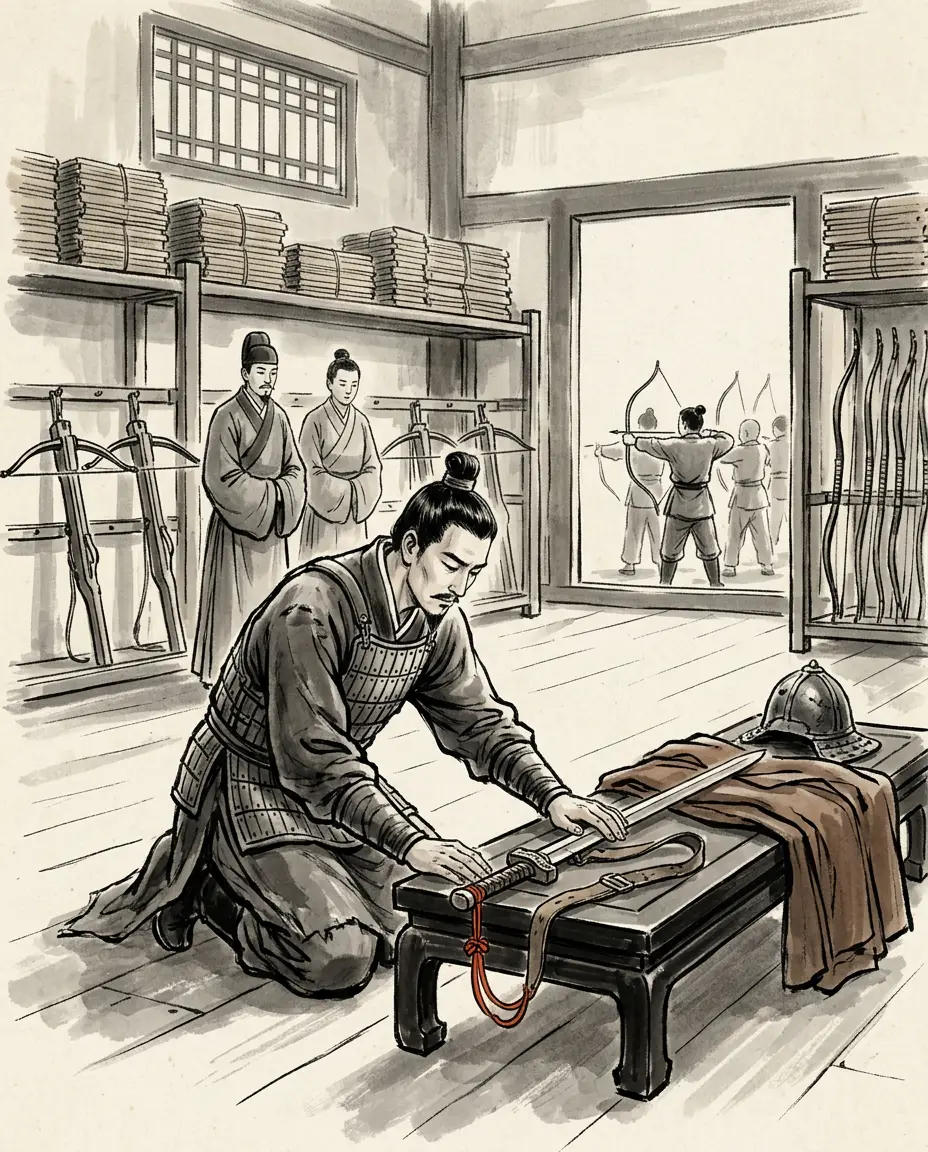 Panel 02: The house of Li had one death in it already. Li Guang had been handed the long road in the great column of 119 BCE, missed the appointed day, and cut his own throat rather than sit before a clerk's board. His grandson grew up in the palaces as the son of a dead man.