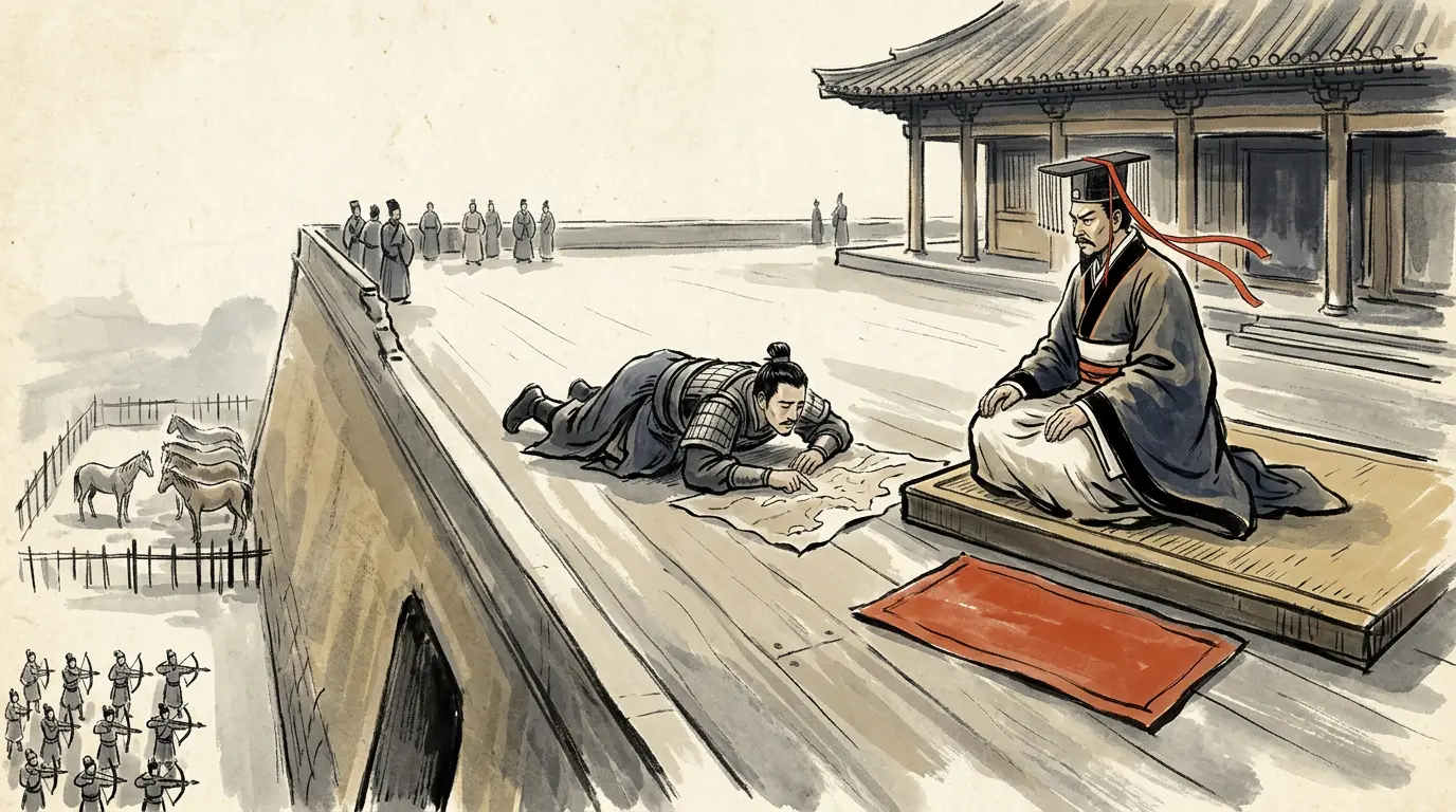 Panel 03: The emperor meant to use those five thousand as a shield for the baggage train. Li Ling was summoned to the Martial Terrace, kowtowed, and asked for the opposite: a column of his own, south of the Lan'gan mountains, so that the Chanyu would have to divide his strength rather than fall on one army whole.