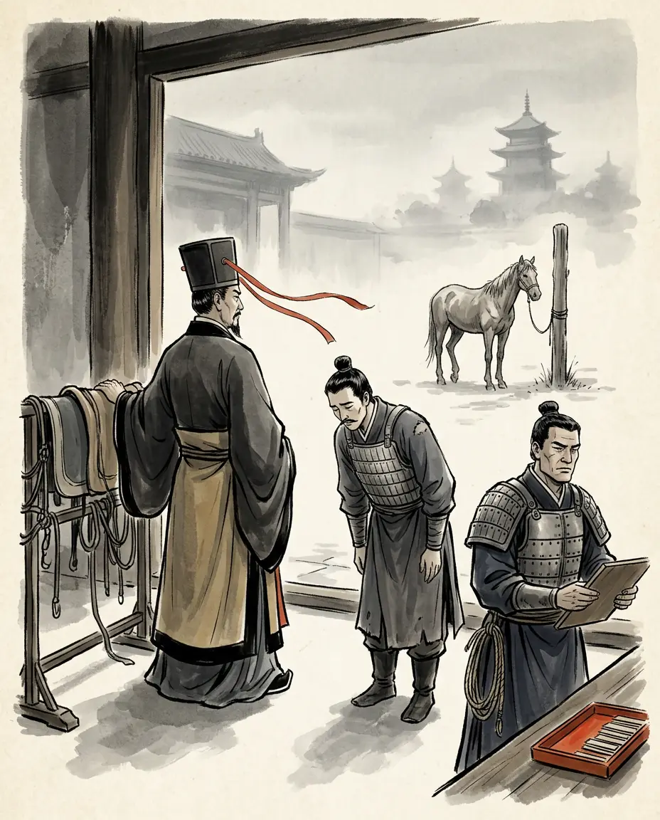 Panel 04: The emperor took the boast as a slight on the other generals. He had sent out many armies, he said, and he had no horse to give. Ling said he wanted none. It was thought plucky, and it was granted — with a crossbow colonel ordered to meet the army halfway.