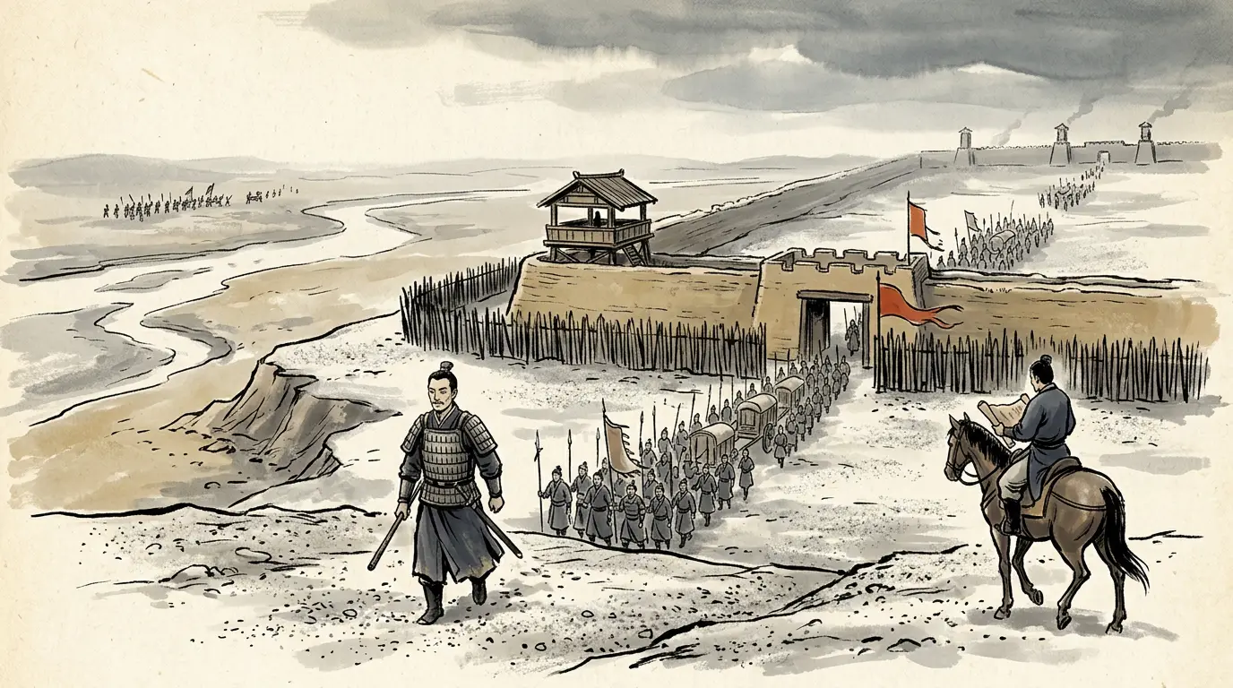 Panel 05: The edict is the document to read against every later clause of this story. Ling was to set out in the ninth month from the Shulu screen-fort and patrol to the Longle water south of the eastern Junji mountains; if he saw nothing, he was to come back by the old road of the Marquis of Zhuoye. Bode was sent off to the West River, and one question was appended: what was it you said to Bode? Answer me in full in writing.