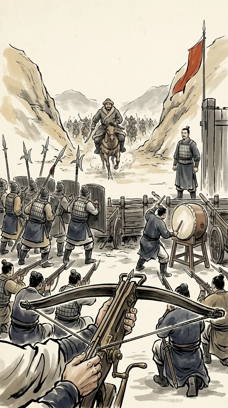 Panel 06: The Chanyu came at him with thirty thousand of horse. The Han army stood between two hills with its baggage waggons drawn into a camp; Ling led his men out beyond it and set the array — front rank with halberd and shield, rear rank with bows and crossbows, at the drum loose, at the gong halt. The enemy, seeing how few they were, came straight in. A thousand crossbows went off at once.