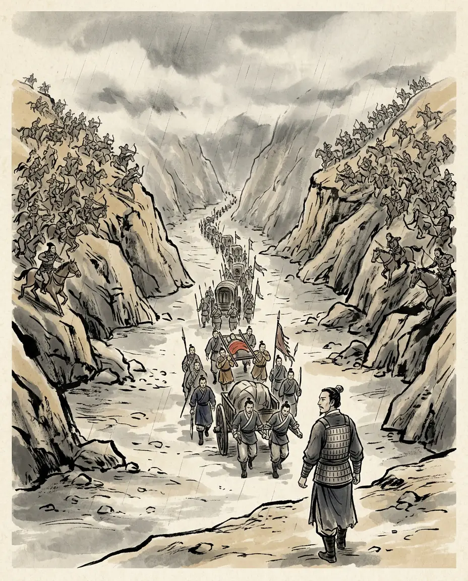 Panel 07: The Chanyu had walked into something he had not expected, and he sent for the troops of his left and right districts: eighty thousand-odd horse. Ling fought as he withdrew, south for several days, into a valley, fighting continuously. Three wounds rode on a litter, two wounds drove a waggon, one wound still carried a weapon and stood in the rank.