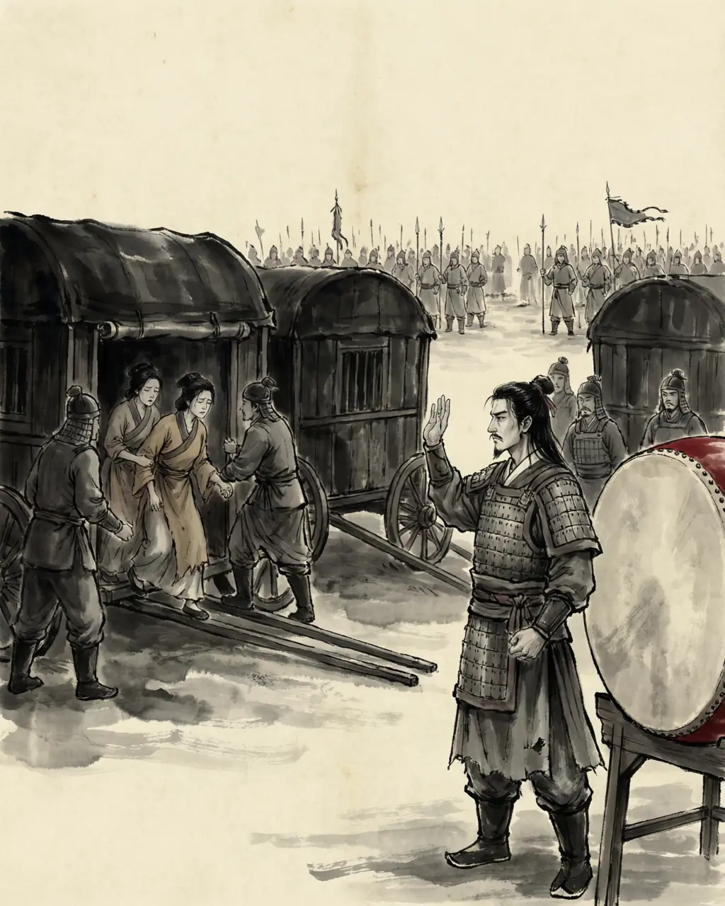 Panel 08: The men's spirit was going and the drum calls went unanswered, and Ling asked the question the record keeps: is there a woman in this army? There were. Wives of convicts relocated from the east had followed the column as soldiers' wives and were hidden in numbers in the waggons. He searched them out and had every one killed. Next day he fought again and took three thousand-odd heads.