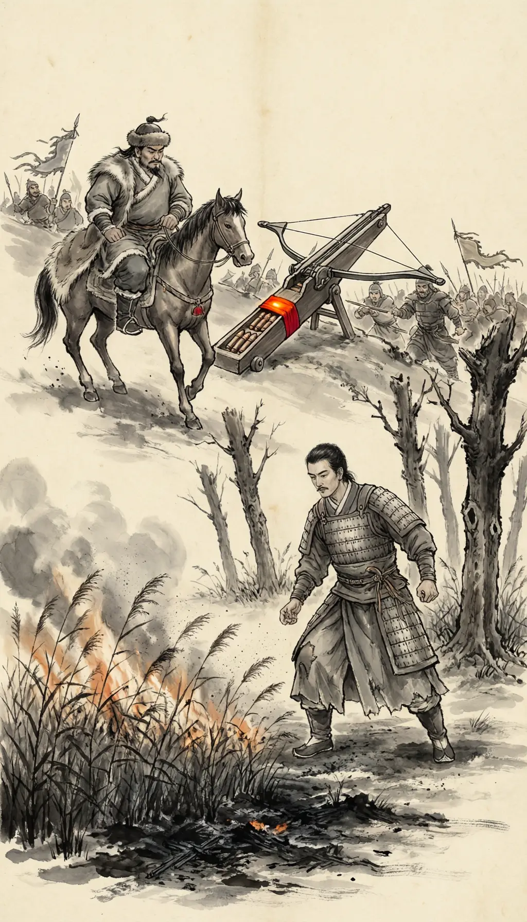 Panel 09: Along the old Dragon City road the column came into a great marsh of reeds, and the Xiongnu set fire to it from the windward side. Ling had his own men fire the ground in front of them first. South again, to the foot of a hill: the Chanyu sent his son with horse against them, the Han fought on foot among the trees, killed several thousand more, and loosed their repeating crossbows at the Chanyu himself, who gave ground downhill.