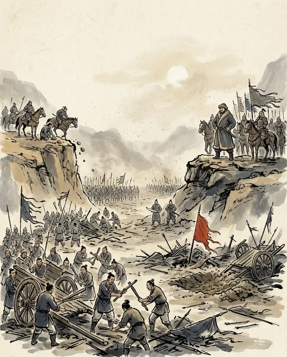 Panel 11: They went south, and before they reached the Dihanshan the ammunition gave out: the memoir's count is five hundred thousand arrows spent in a single day. The waggons were left behind. There were still three thousand-odd men, who cut the spokes off the waggons to hold in their hands, while the clerks fought with a foot-long knife. Driven against the mountain and into a narrow valley, they were stoned from the corners of it.