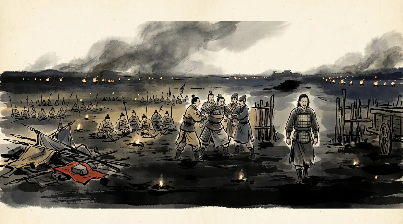 Panel 12: After dark he walked out of the camp alone in plain clothes and told his officers that none of them was to follow: one man, he said, might still take the Chanyu. A long while later he came back and said that the army was beaten and that here he must die. An officer urged the precedent of the Marquis of Zhuoye, taken by the enemy, escaped, and received again as a guest. Ling said: stop. If I do not die, I am no man of mettle.