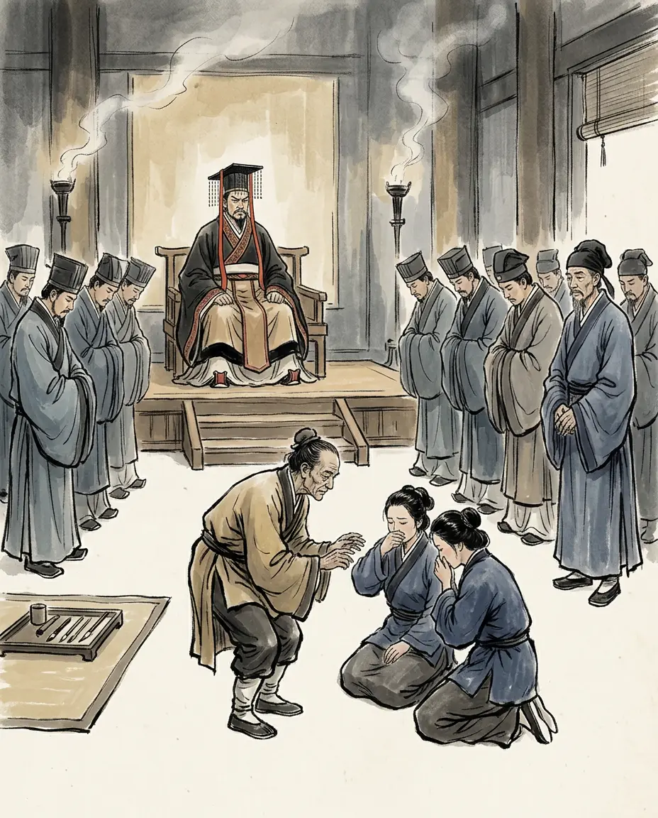 Panel 13: The emperor had wanted Li Ling to fight to the death. While the reports were still unclear he sent for Ling's mother and wife and had a physiognomist read their faces for a look of mourning, and found none. When the surrender was confirmed he was furious; he called Chen Bule in and reproached him, and Bule killed himself. The whole company of ministers condemned Li Ling. Then the emperor asked the Grand Astrologer.