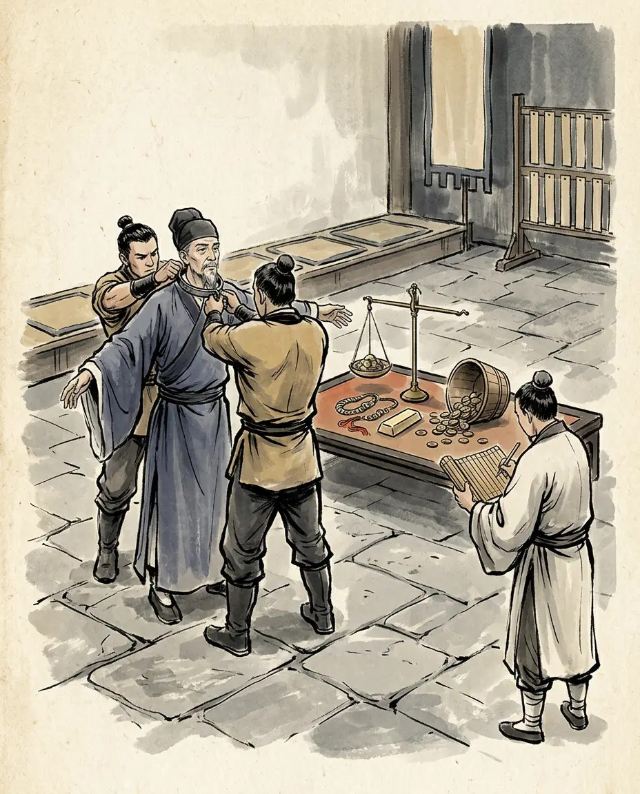Panel 15: The emperor judged that Qian had deceived him on the throne, that the speech was a slur on his wife's brother and a plea for the surrendered general, and handed him to the officials. A capital sentence could be moved by payment: in the years just after, the annals of the reign show the emperor twice selling a reduction from death for five hundred thousand cash. Qian says he was too poor for that and that not one friend came forward.
