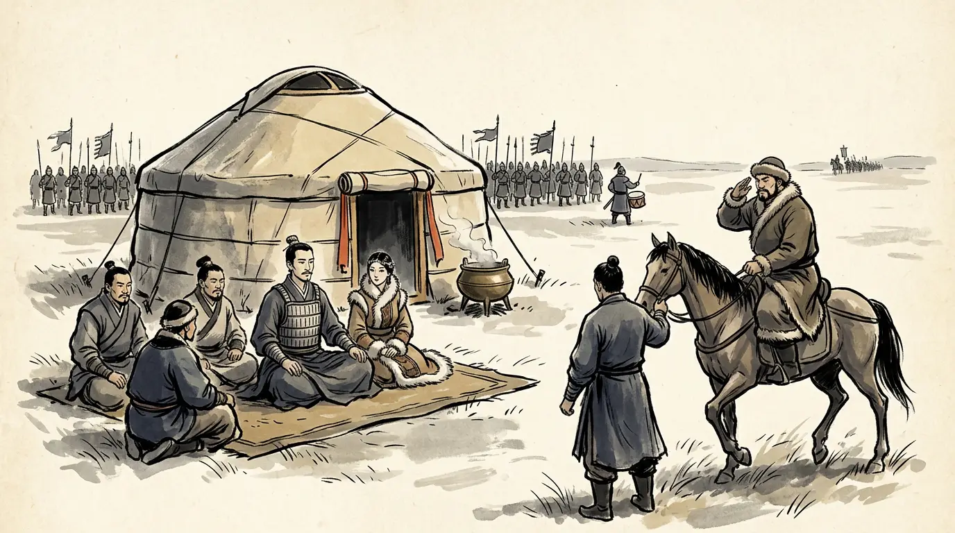 Panel 16: The Chanyu thought a man who had marched five thousand foot to his own court splendid. He gave him a daughter to wife and made him the Right Commandant King, living away from the court and called in when there was a great matter. In the second year of it a Han column went deep into the steppe to fetch him and came home empty-handed with a story about why: Li Ling was drilling troops for the Chanyu, ready against the Han army.