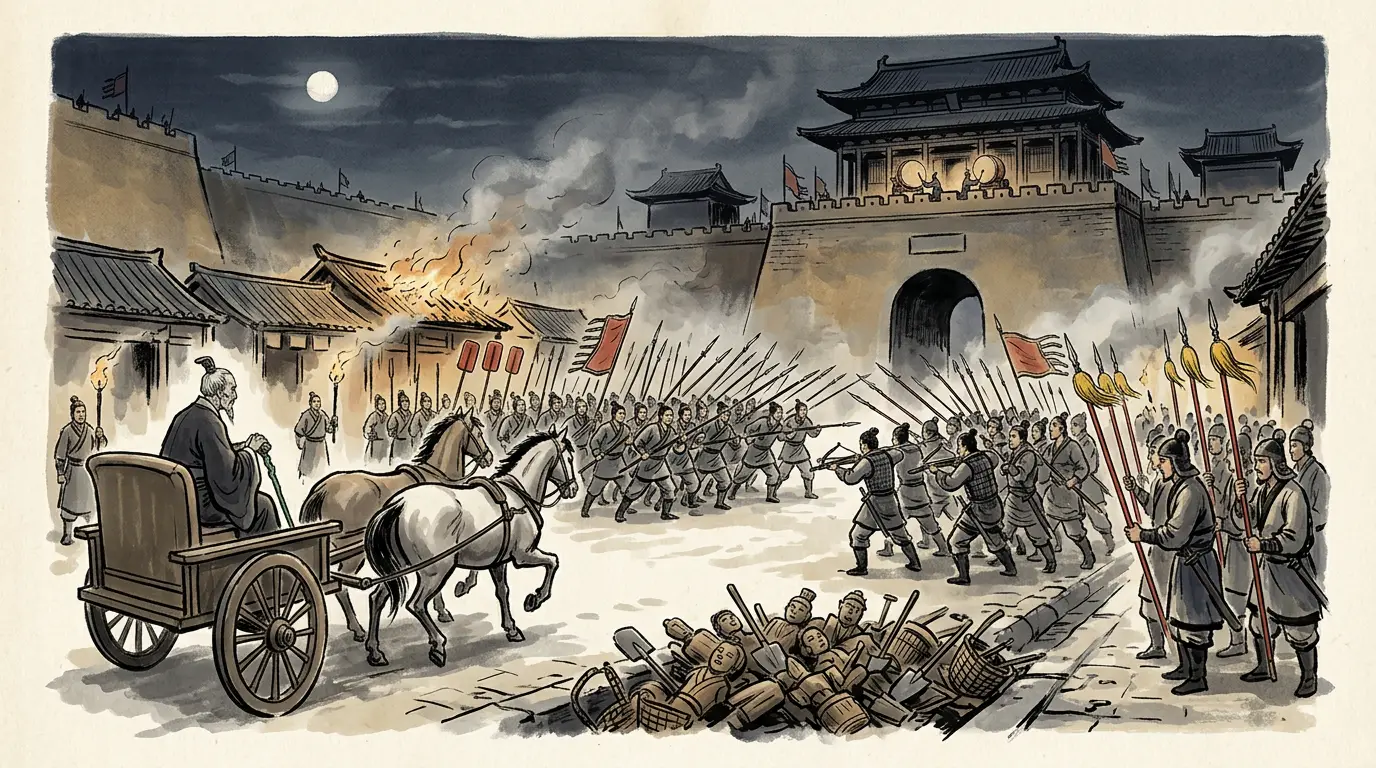 Torchlight in a palace courtyard at night, workmen digging between the rows of column bases while officers with tallies stand over a line of carved wooden figures and rolls of silk laid on mats, an opened coffin at the edge of the ground, the rammed walls of Chang'an behind it all, 91 BCE