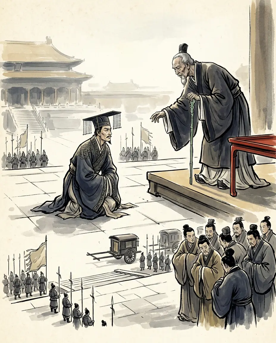Panel 04: Jiang Chong of Handan, born with the name Qi, had denounced the crown prince of Zhao after the prince quarrelled with him; the king of Zhao, the emperor's half-brother, offered to lead the picked brave men of his own state against the Xiongnu to ransom the prince, and the prince was destroyed anyway. Presented in thin unlined gauze and a cap whose tassels swung when he walked, he was admired for his looks and his talk and given a staff to supervise the imperial relatives' extravagance.
