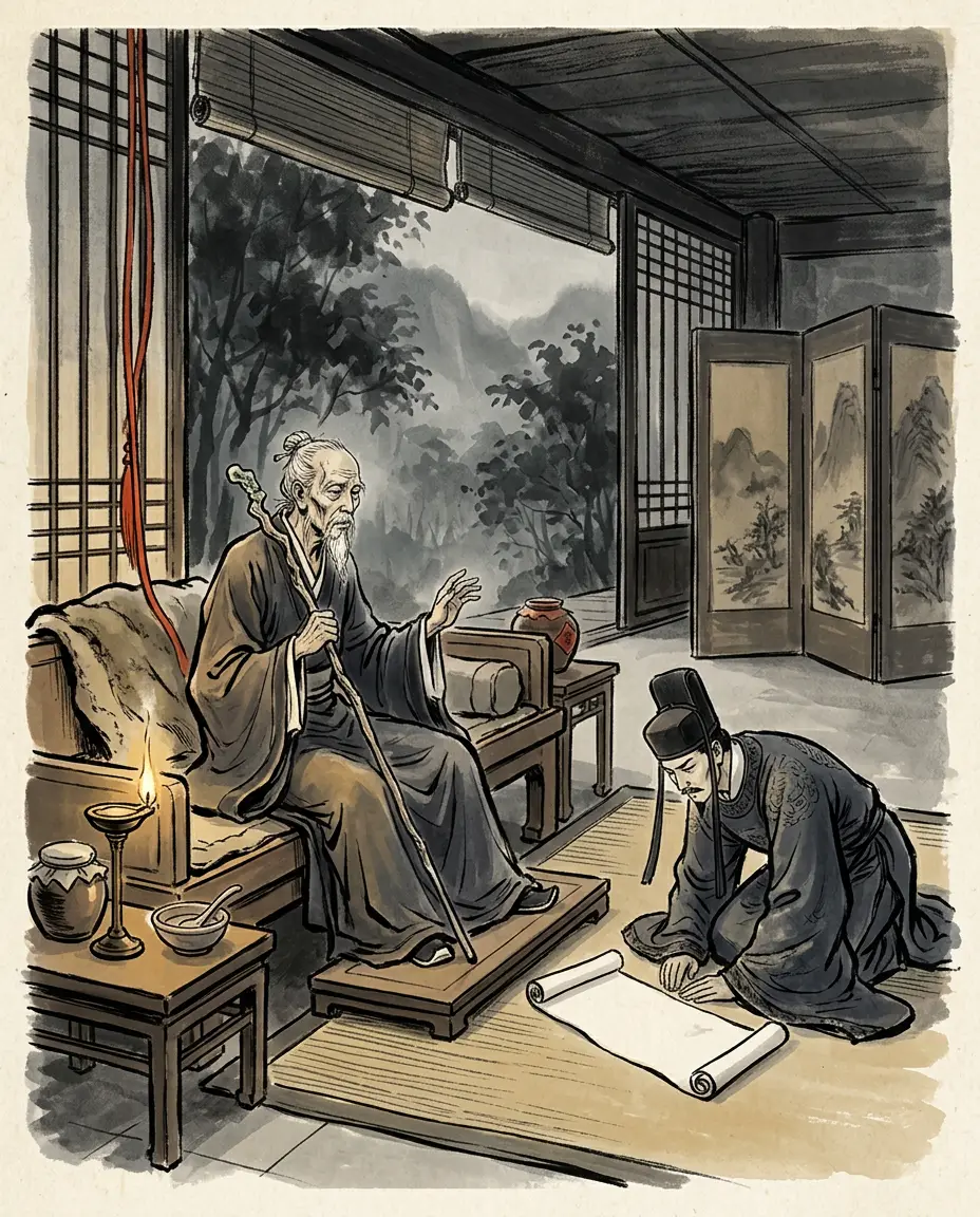 Panel 05: The emperor went up to Ganquan away from the heat of the plain and lay ill there, and the man out of office came to him with a diagnosis: the sickness was a curse, a curse meant figures in the ground, and figures in the ground could be dug out. He was given the cases to try, and went through the palaces with a shaman of the northern peoples reading the ground, arresting anyone who sacrificed in the night, heating iron clamps in the fire and laying them on men until they confessed what they were told.