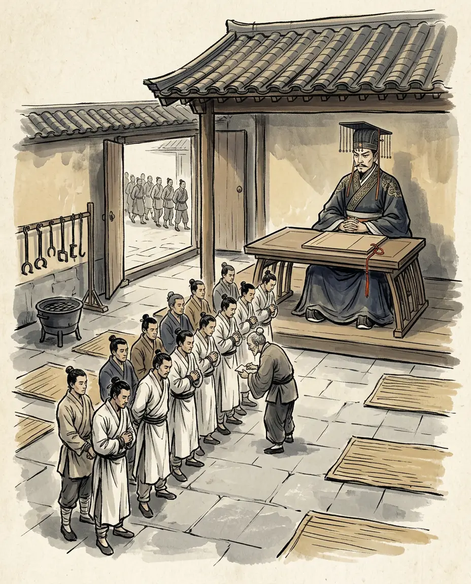 Panel 07: The men taken in the searching were tried by the officer who had accused them, on always the same charge, and that charge brought in a man's family with him. Nobody carried anyone else's case up to a court. Years afterwards the emperor wrote to his ministers about the affair he had ordered, and the letter is in the book: he had commanded the chancellor and the censors to drive the officers of two thousand shi into making arrests, and the Commandant of Justice to try the cases — and he had never heard that the Nine Ministers or the Commandant of Justice had held one proper trial.