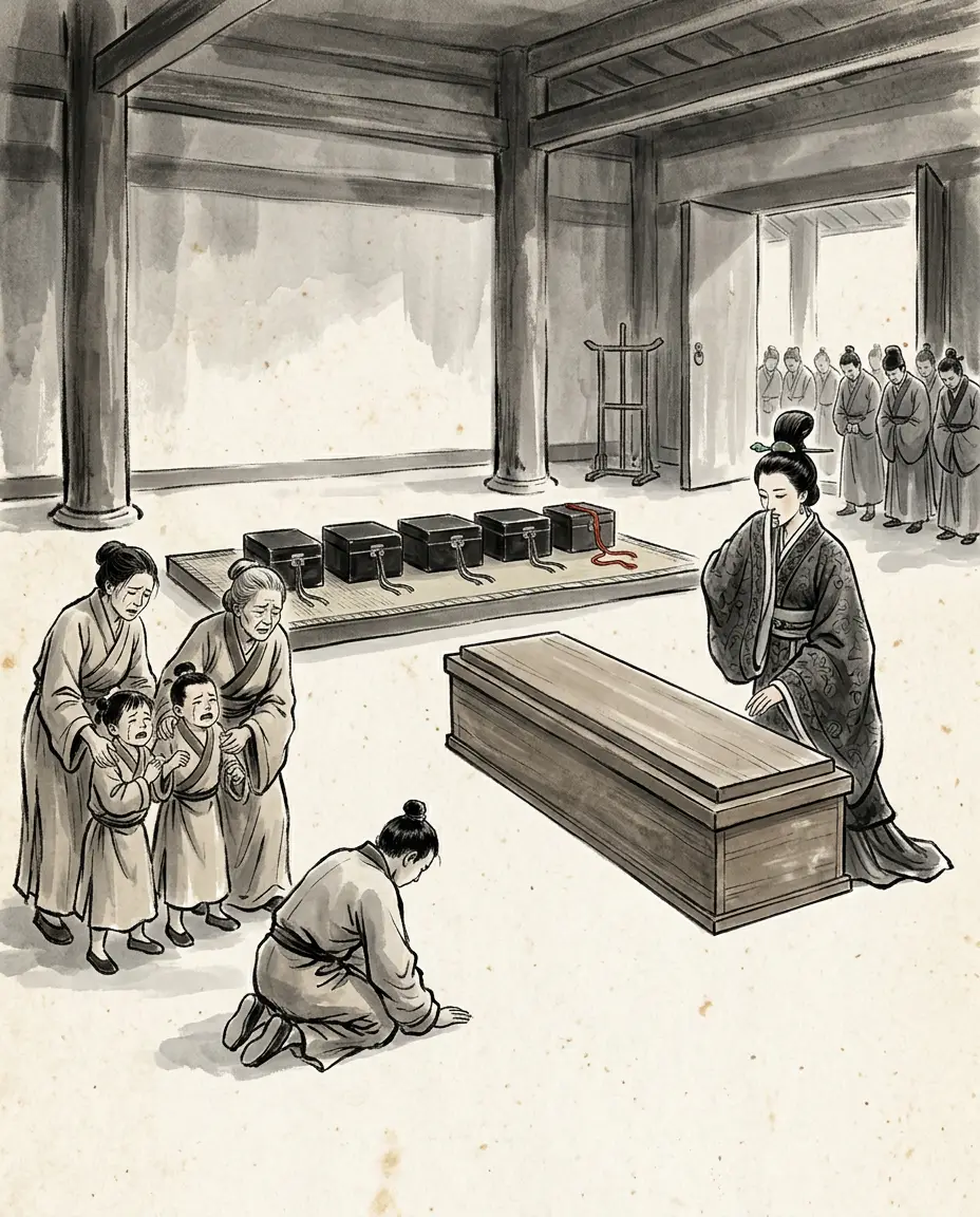 Panel 08: At its height the house of Wei held five marquisates: the grand general who took the Ordos, his three sons still in swaddling clothes, his sister's son the Swift Champion, and a fifth in the collateral line. His son Wei Kang, the Marquis of Changping, had lost a marquisate of his own once on a charge and had then inherited his father's; he died in the intercalary month of 91 BCE with the two princesses. Twenty-four years, says the general's own biography, and all five marquisates were gone.