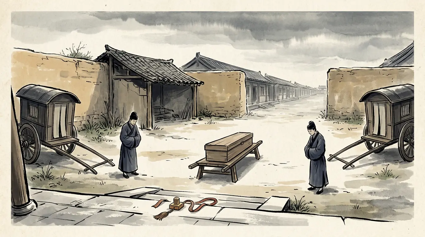 Panel 09: Wei Zifu came to the emperor out of the household of the Princess of Pingyang, where she had been a singing girl, and after more than a year without a visit she was swept out among the unusable palace women and had to cry in front of him to be taken back. She bore three daughters, then a son, and was made empress in 128 BCE; her son was made heir at seven. Her favour faded, and the women who came after her are named in her entry one after another. She held the seal thirty-eight years. In the eighth month of 91 BCE an officer of the imperial clan and the commandant of the garrison came with a document demanding her seal and ribbon, and she killed herself.