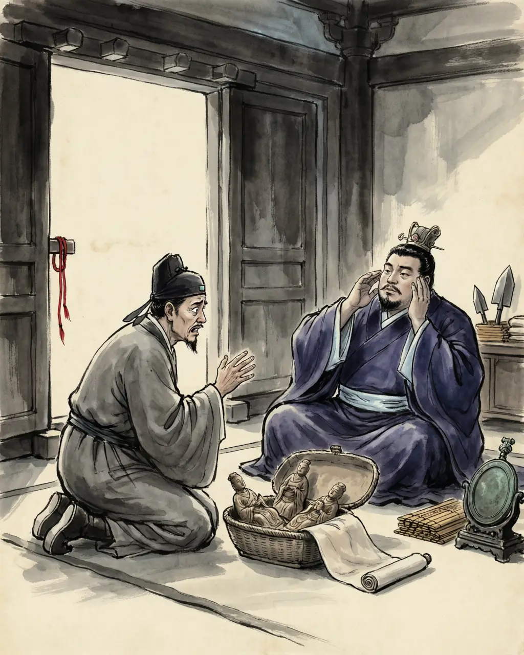 Panel 10: Liu Ju had been heir for thirty-one years. He was set the Spring and Autumn in the Gongyang reading and then took the rival Guliang reading from an old teacher, and when he came of age his father built him the Bowang gardens and let him draw guests, at which the book's comment is that most of what came to him came in odd ways. When the digging reached his courtyard, his father lay ill at Ganquan, and neither the empress nor the officers of the eastern palace could get an answer back. His Junior Tutor Shi De was afraid the tutors would be executed with the prince.