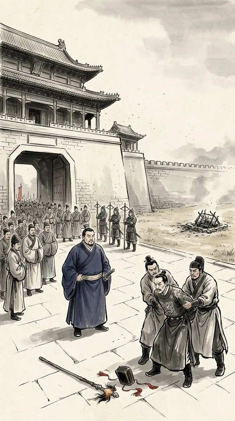 Panel 11: On the renwu day of the seventh month the prince sent men out posing as imperial envoys, with a staff, to arrest the commissioner and his assistants. The marquis who had been sent to help with the digging doubted the staff and would not take the order, and was cut down in the struggle. The censor got out with a wound and reached Ganquan. The prince went to the execution himself and struck off Jiang Chong's head, and the shaman of the northern peoples was roasted alive in the imperial park.