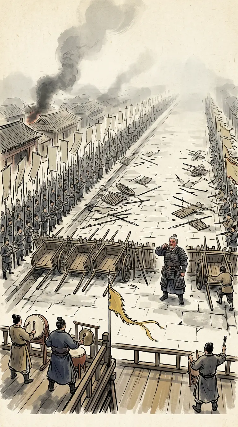 Panel 12: A retainer of the prince carried a staff through the Changqiu gate of the Weiyang Palace at night and had the empress told by one of her senior women; the middle stable sent out its cars loaded with crossbow men, the arsenal was opened, and the prisons of the capital offices were emptied and their convicts given weapons. A prisoner riding with the prince's staff to call in the cavalry of the northern camps was run down and beheaded, and the horsemen were told the staff was false. The emperor came down from Ganquan, took the Jianzhang Palace west of the city, and wrote to his chancellor: make your ramparts of ox-carts, do not close with short weapons, kill and wound in numbers. Both sides drew men out of the markets, and fought five days under the gate-towers of the Changle Palace. Tens of thousands died, and the blood ran into the drains.