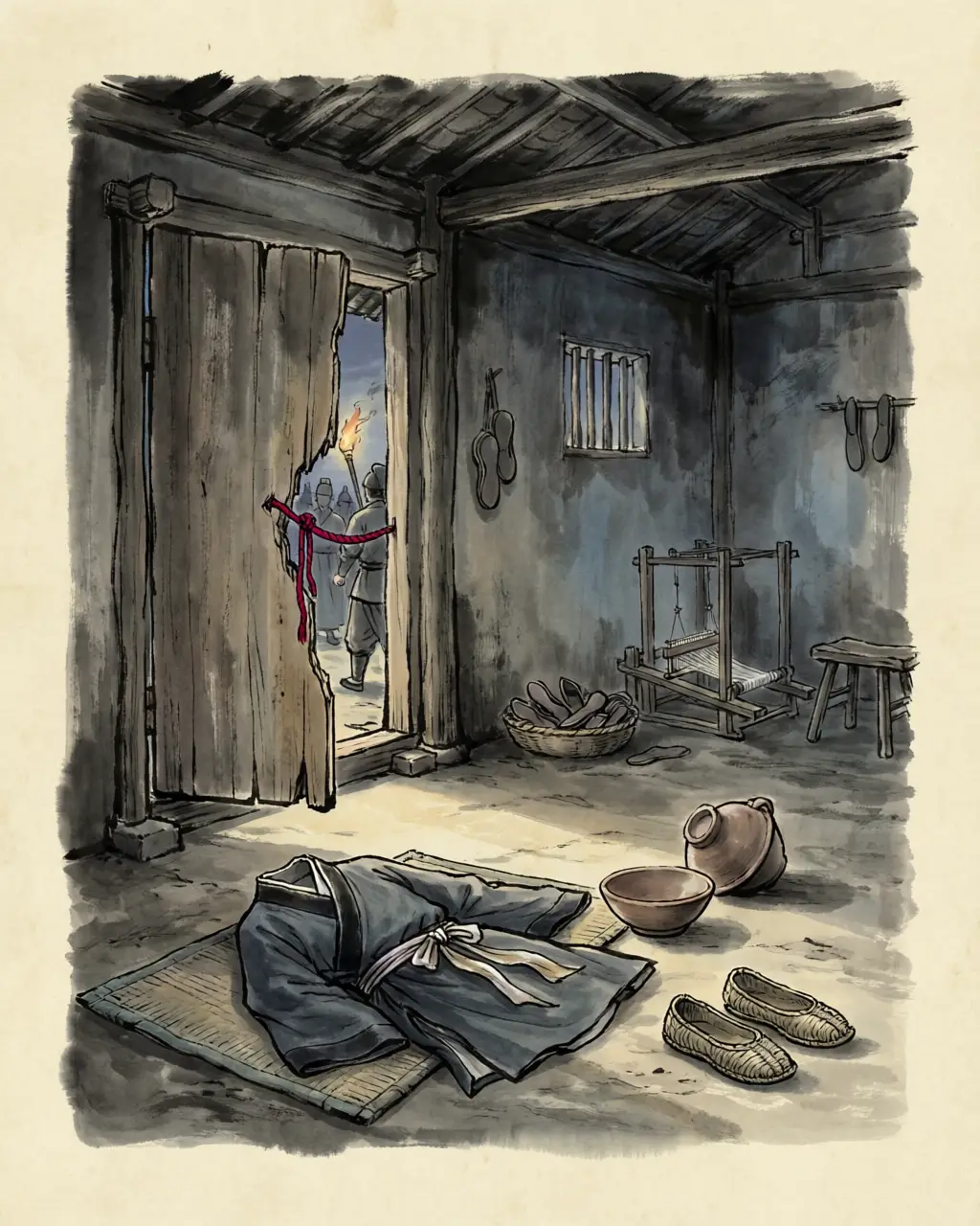 Panel 13: The prince went out south by the Fu'ang gate and east, and hid in a ward called Quanjiu in the county of Hu, more than two hundred li from the walls, with two of his grandsons. His host was poor and sold the shoes he wove to keep him fed. The prince heard that an acquaintance of old days was living well in the same county and sent for him, and the man came and gave the place away. Officers surrounded the storehouse. Judging that he could not get out, the prince barred the door of the inner room against them and hanged himself from the beam. The host died fighting in the doorway and the two grandsons died in the room with him.