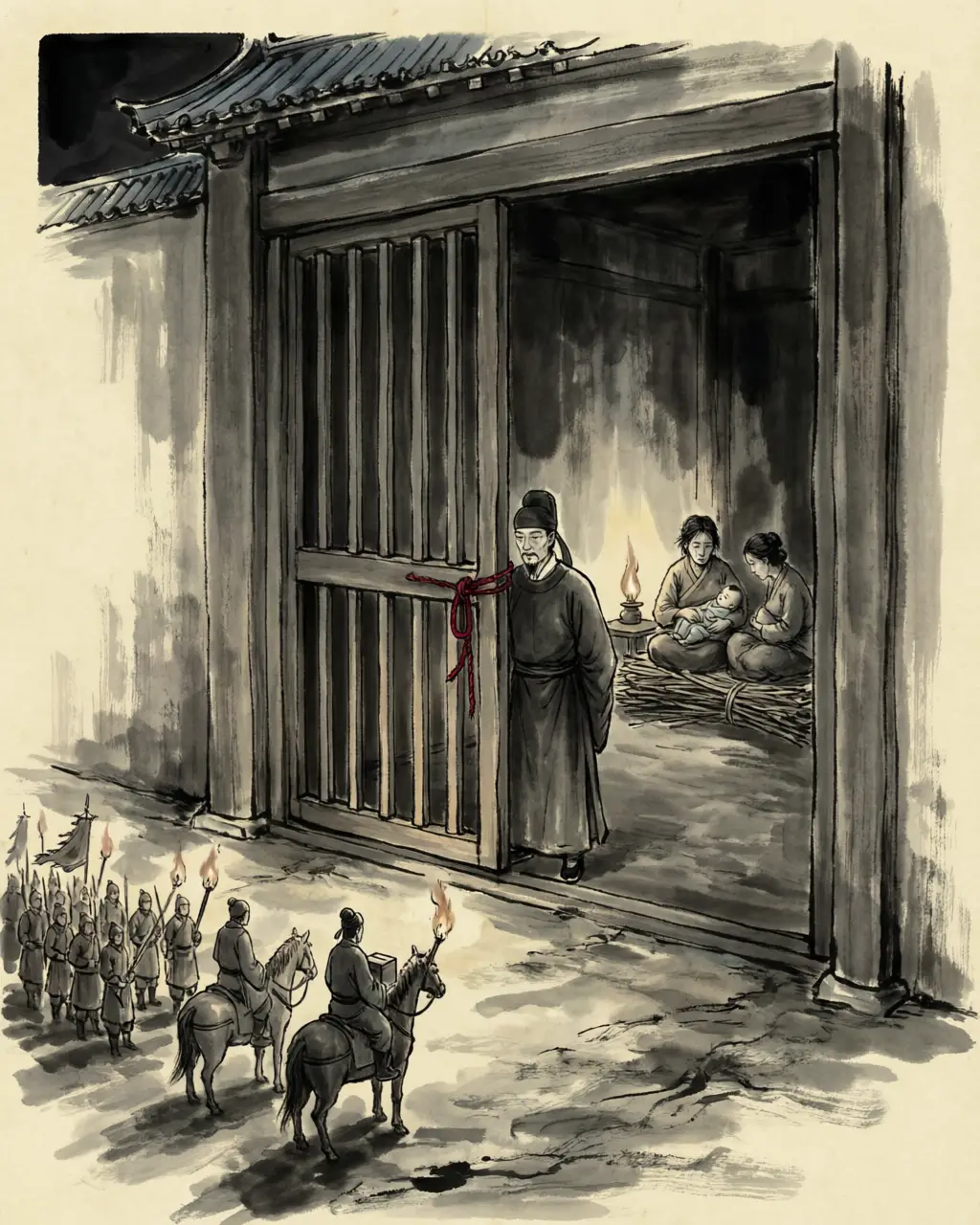 Panel 14: The imperial great-grandson, born to the crown prince's grandson by his wife of the Wang, was some months old when he was locked up in the prison of the commandery residences at Chang'an under his grandfather's case. The officer ordered to work the witchcraft cases there pitied him and knew in his heart that the prince's business had nothing in it; he chose careful convict women to nurse the child, put him somewhere dry, and paid for his food and clothes out of his own purse. Years later a palace officer came to that gate at night with orders to kill the prisoners of the capital, heavy cases and light alike, and the gate was not opened to him.