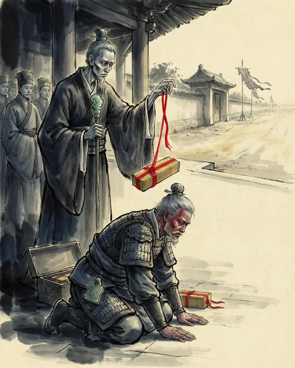 Panel 15: The chancellor who won the five days was Liu Quli, a son of the emperor's half-brother the Prince Jing of Zhongshan, made chancellor in the spring of 91 BCE with twenty-two hundred households, in the year the chancellorship was divided and a second chancellery created. Eleven months later his wife was accused of sacrificing at the soil-altar and cursing the emperor, along with the general commanding the army out in the steppe, for the sake of a rival prince. He was paraded through the town in a provision cart and cut in two in the eastern market, and his wife and children's heads were displayed on the Huayang street. That general heard that his own family had been arrested, and did not come home.