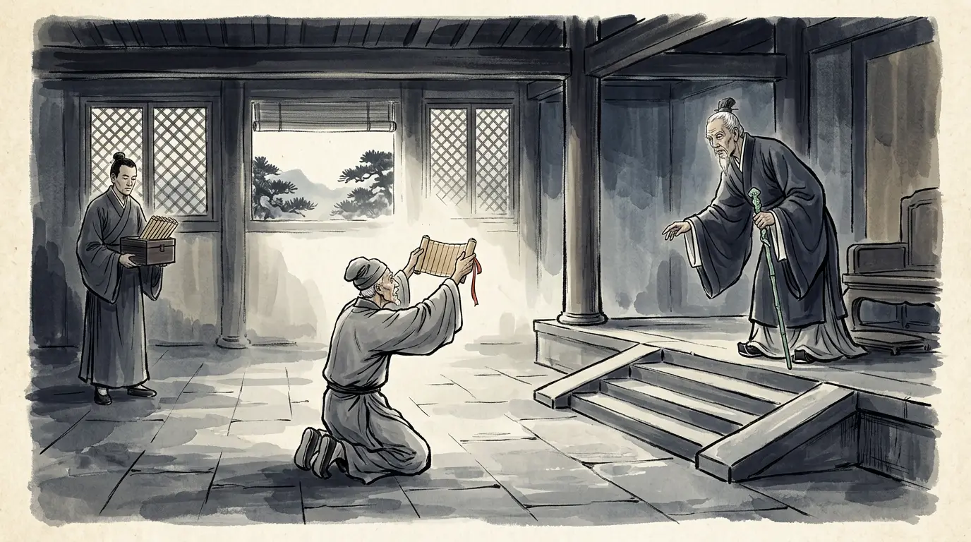 Panel 16: Some while after the prince's death an officer of the tomb-park of the high temple, a man of over eight feet with a good presence, sent up an urgent memorial about the duty that binds a father to a son. He was made Grand Herald on the spot and chancellor within months, the one minister in this book to take the seal out of a sentence. The reversal he asked for is recorded in one clause of the prince's biography, item by item: most of the witchcraft cases were found not to have been real; the emperor knew the prince had acted out of terror; the family of Jiang Chong was wiped out; the inner attendant who had helped him was burnt on the Heng bridge. An elder of a town in Huguan county had written first, and his letter is in the book too.