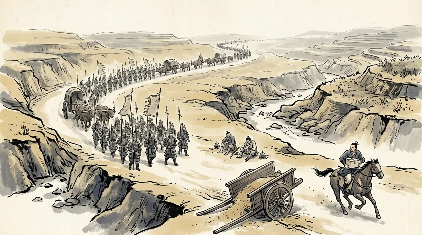 Panel 17: The empire had been at war since the year the prince was born, and the book's count is thirty-two years of marching and an exhausted realm; the prince's chapter says thirty. The roads carried the cost. Grain went out to the north-west and did not come back; when a hard-won victory in the far west was followed by the march home, thousands died of hunger on the road, and the emperor said so afterwards. In 90 BCE an army went out three ways and one of its generals, hearing that his wife and children were under arrest at Chang'an, handed his force to the enemy. Then, in 89 BCE, the emperor's Commandant for Grain, with the chancellor and the censor-in-chief, asked him to confirm what the garrisons had begun to assume: colonist-soldiers at old Luntai, where five hundred thousand qing of irrigated field may be had; three commandants to guard the work in sections; and beacon-towers built on westward, to overawe the western states and back the Wusun.