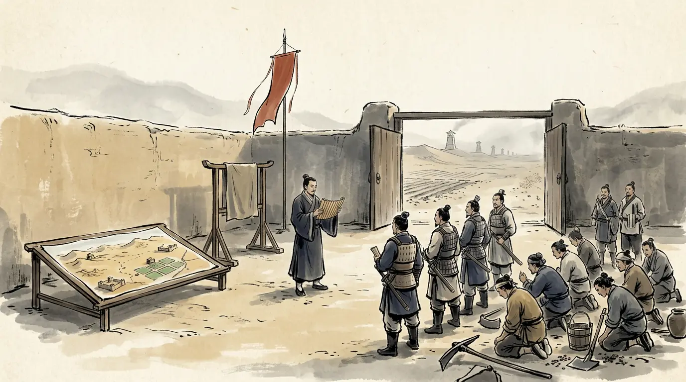 Panel 18: The answer came back as an edict, and it refused. An officer had asked for a levy of thirty cash a head to help the frontier: the emperor said that would press the old, the weak, the fatherless and the widow harder than anyone, and it was dropped. He named the general he had chosen by divination and said the divination had lied, and that the grief for the men who died and were scattered was always in his heart. What was to be done instead was a list an accountant could check: forbid harsh and violent exactions, stop impositions laid on without authority, throw the whole strength into farming, and repair the rule remitting the horse-corvee so that the garrisons may fill up. No army went out again. The chancellor was enfeoffed with a title that stated the policy.
