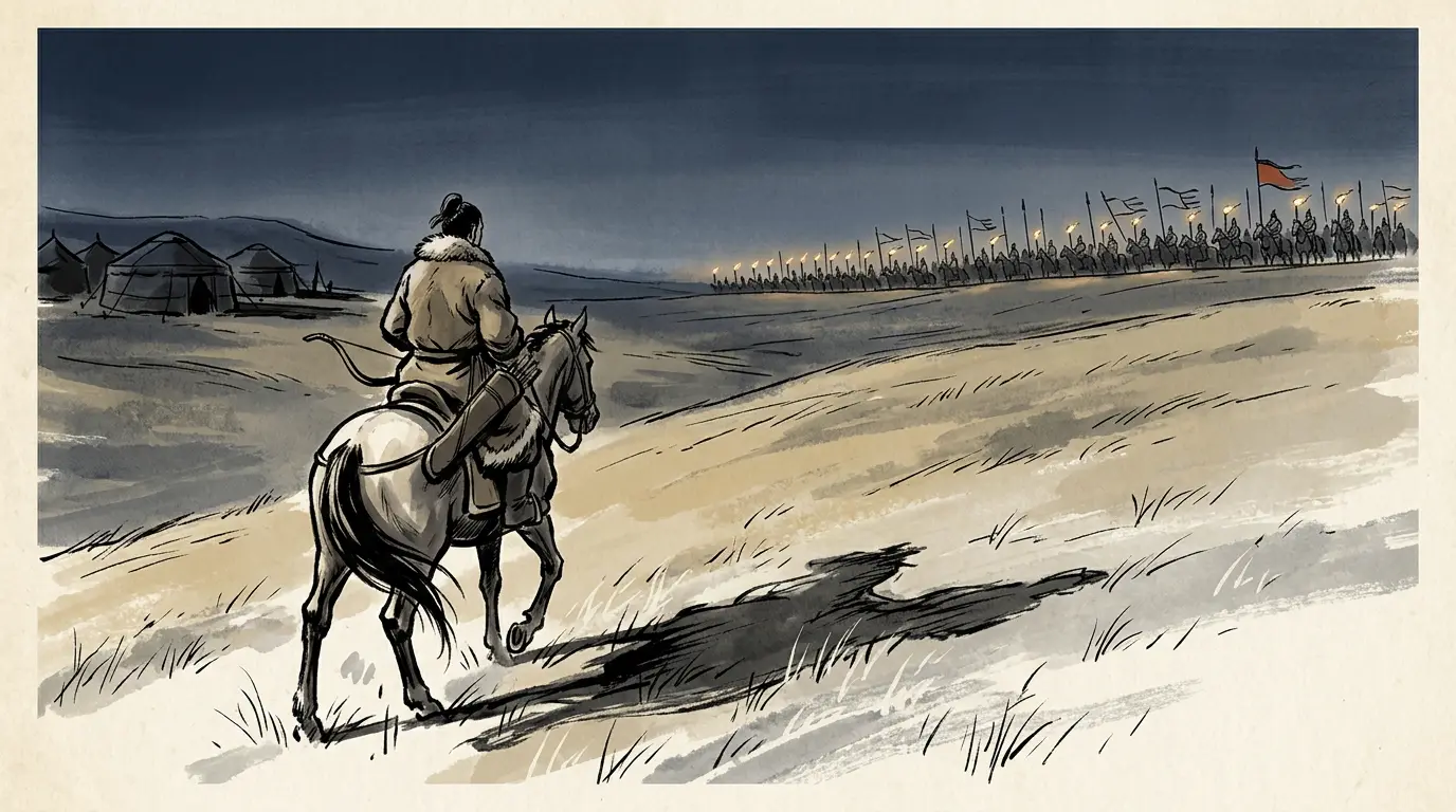 A lone horseman in a fur-trimmed robe riding up a bare steppe valley at dusk toward a line of torches on the horizon where Han cavalry wait in rank, banners bent flat by the wind, 51 BCE