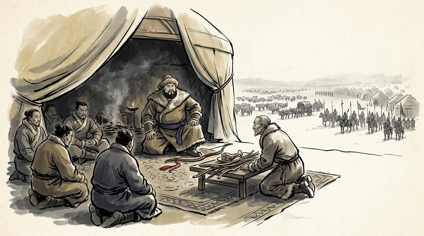 Panel 03: The man left holding the wreckage was Huhanye. His chief adviser put the choice bluntly: beg the Han for help, or keep the prestige of a free steppe throne and lose both. The grandees answered with the old customs and the shame done to the dead chanyus.