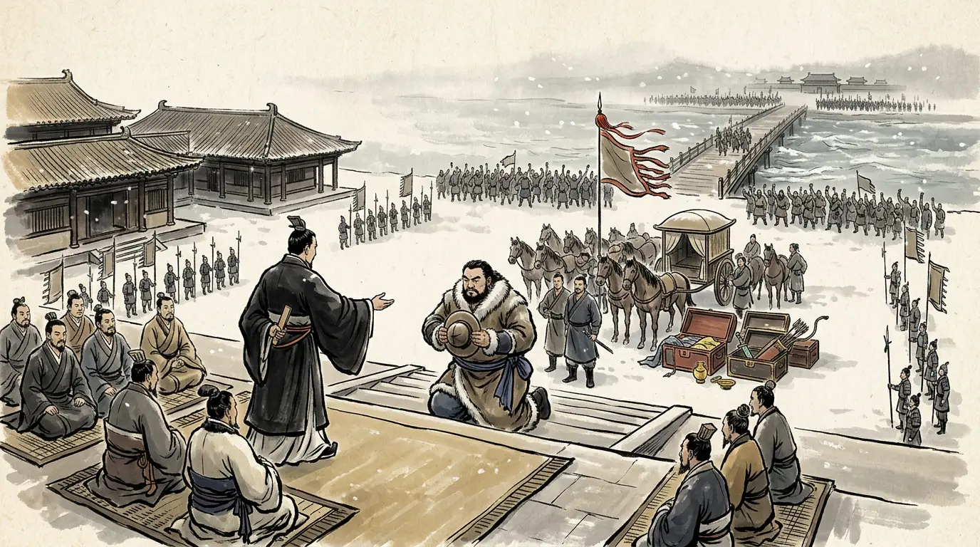 Panel 04: In the first month of 51 BCE he came to the Ganquan palace. The ceremony called him a subject and did not read out his name; on the way home he was reviewed from a bridge over the Wei, where tens of thousands of barbarian chiefs waited below it and lined the road to shout the acclamation.