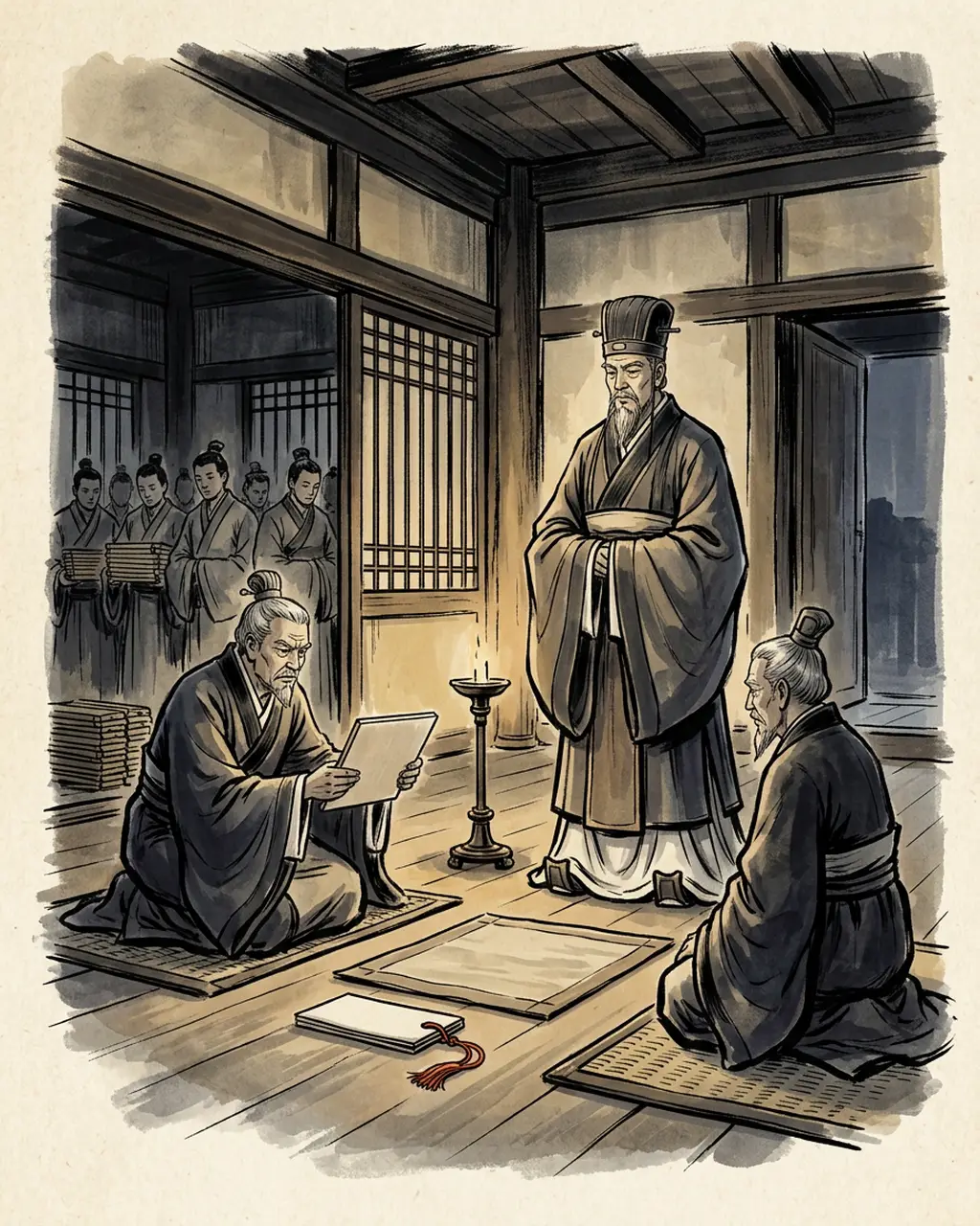 Panel 05: The ceremony was argued over before it happened. The Chancellor and the Imperial Secretary wanted the chanyu ranked below the vassal kings, in the ordinary place of a subject.