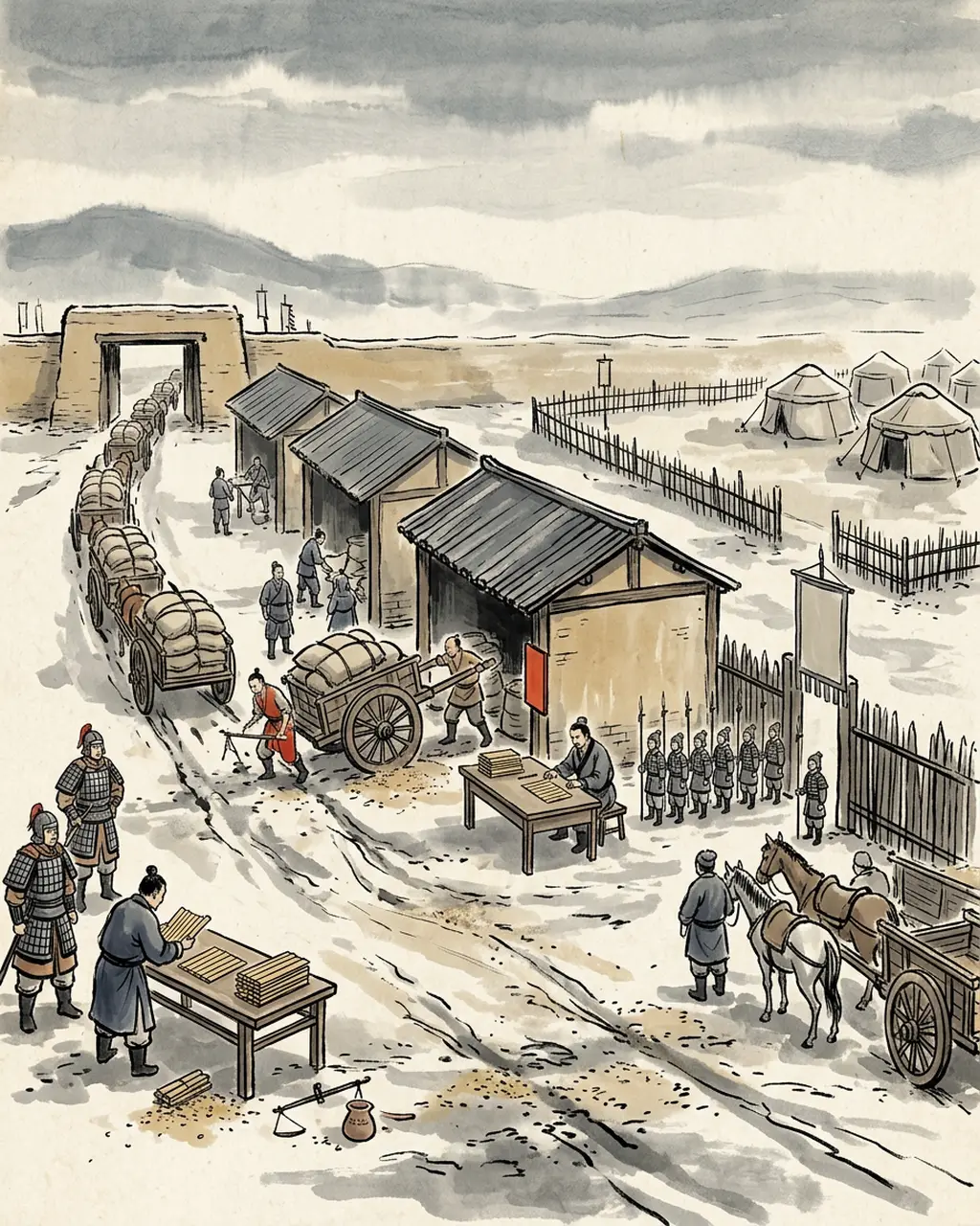 Panel 06: What the peace cost is entered to the bushel. Grain went out to the frontier and did not come back; a garrison stayed with the chanyu for years; when his people went short, the emperor ordered two more commanderies to ship.