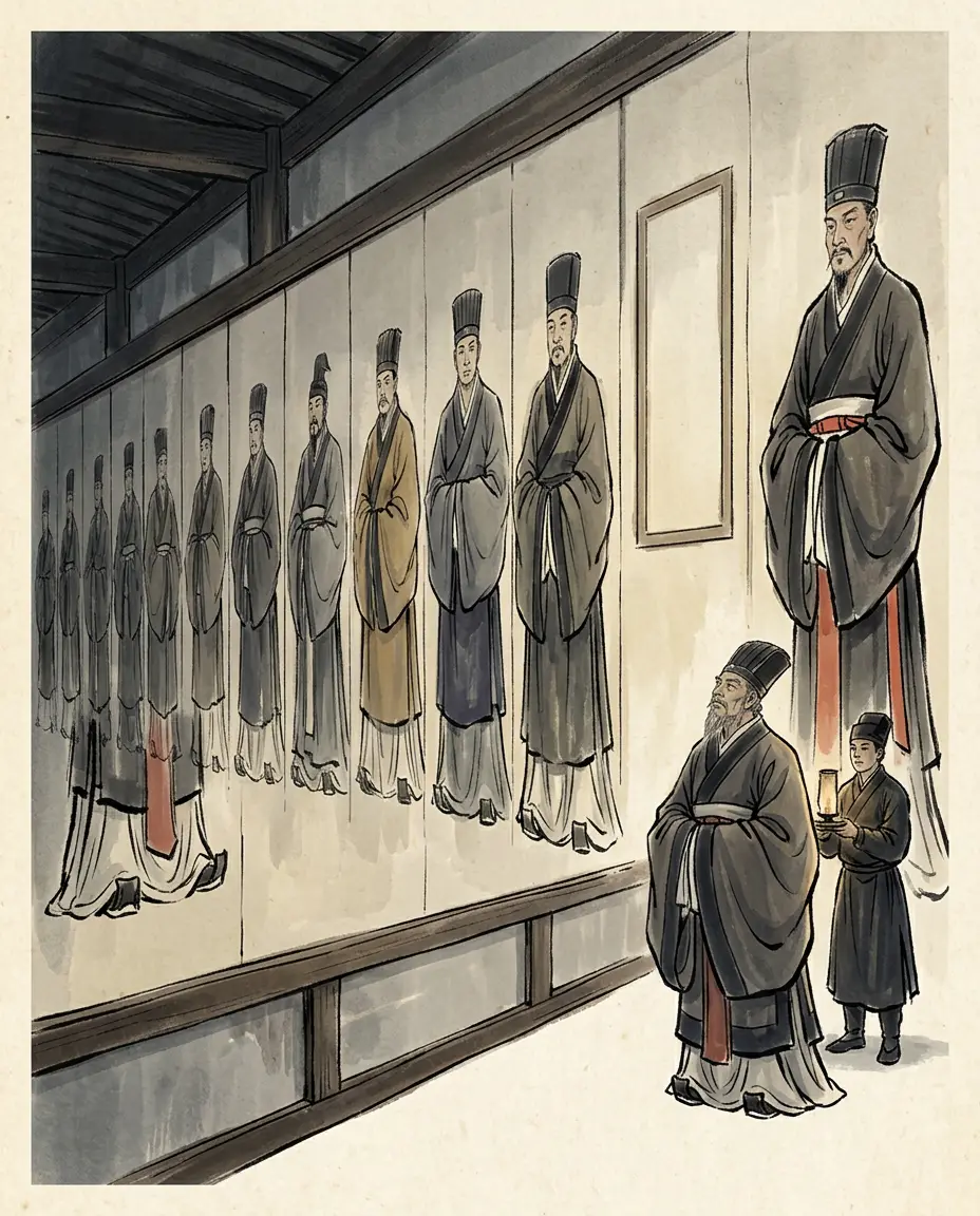 Panel 07: The year the first chanyu came, the emperor had eleven ministers painted in the Qilin Pavilion from their likeness, offices and names written under each. The only man shown without his name was the one who had actually run the government for twenty years.
