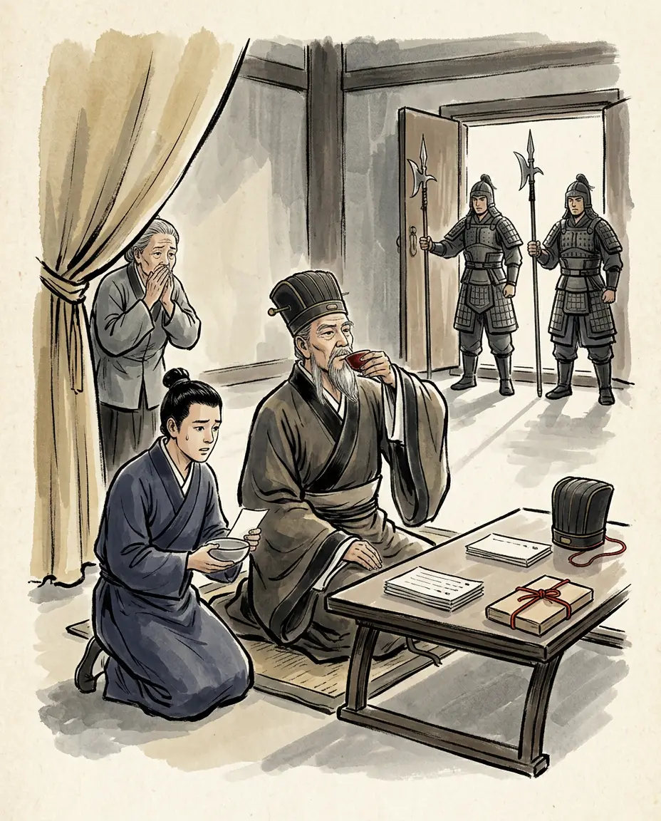Panel 08: Two years later the emperor's own secretaries had the winning arguer arrested. His wife said the summons could not be the emperor's wish; he asked his student, and his student bade him die. He drank before the guard took him.