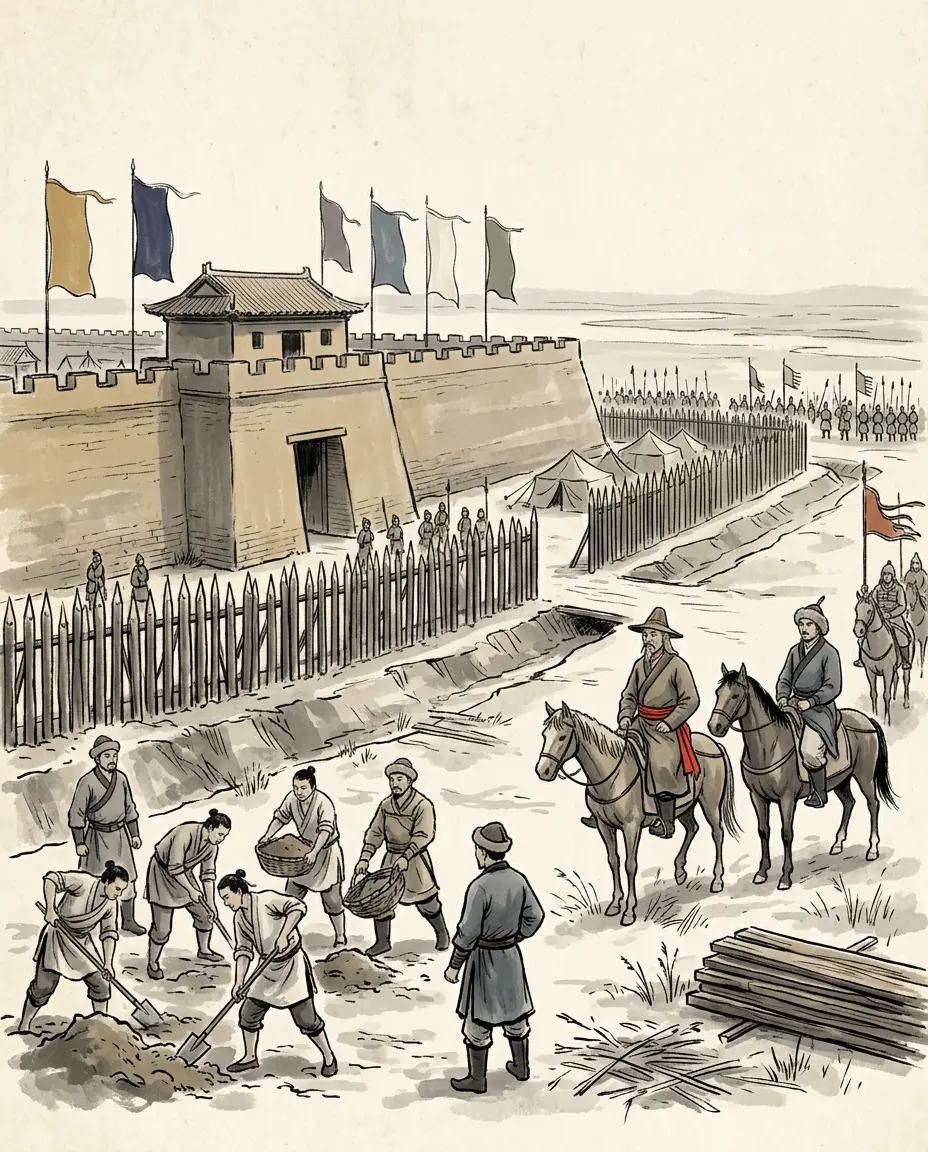 Panel 10: In Kangju he built what a steppe power was not supposed to be able to build: a walled town, a second wooden palisade outside the earth, and five-coloured banners on the wall. He levied the country on it, five hundred men a day for two years, and then wrote to Chang'an pretending he was in straits and wished to come.