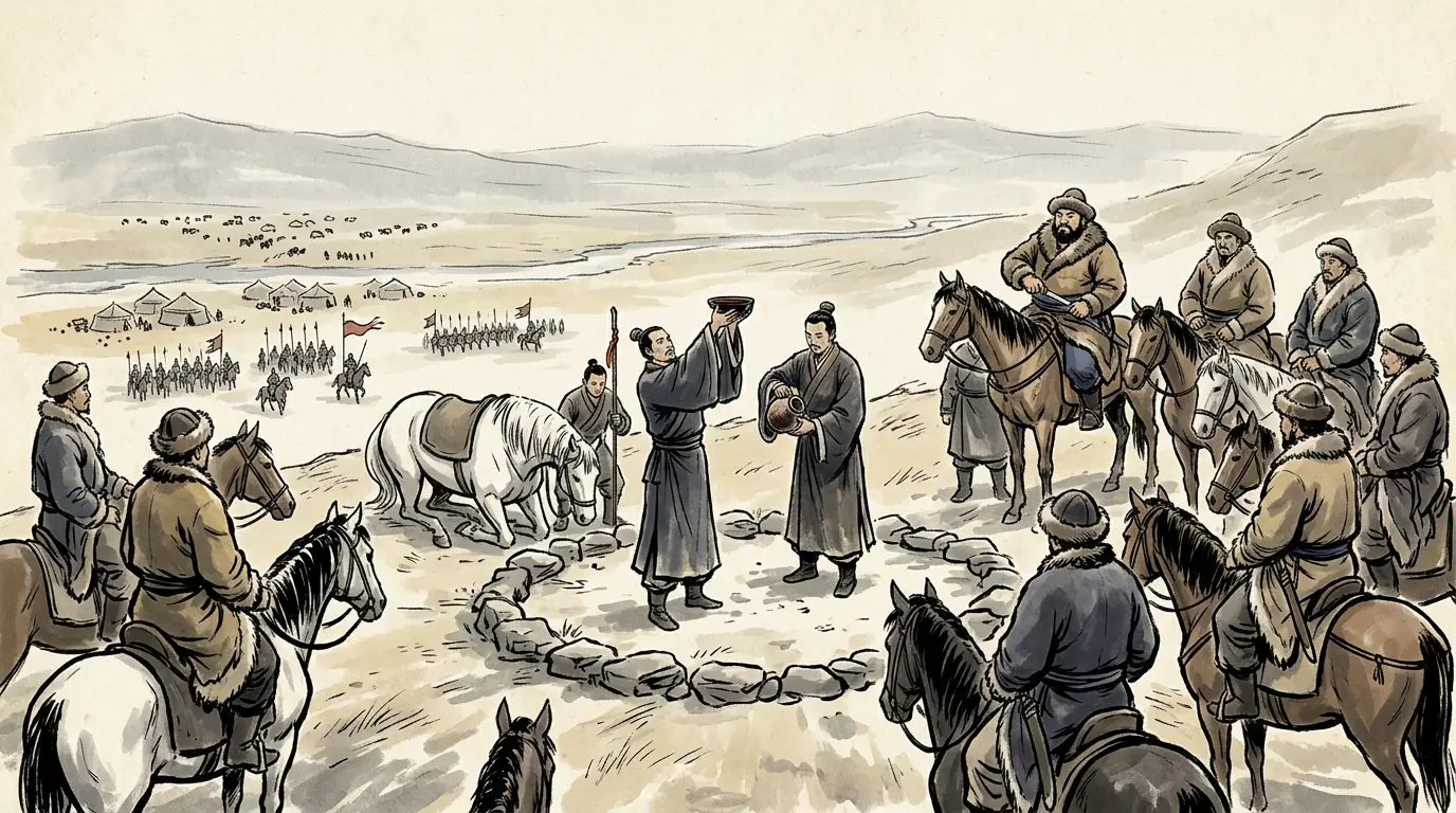 Panel 12: The next mission went to the other brother, to walk his prince home and quietly ask about the missing men. Its two officers climbed a mountain, killed a white horse, drank the blood out of a dead king's skull, and swore that Han and Xiongnu were one family for all future generations.