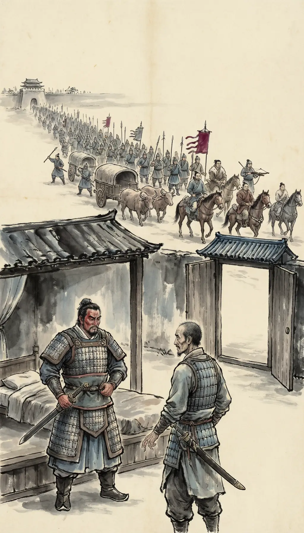Panel 13: In 36 BCE, while his superior lay ill, Chen Tang rode out and raised an army on the emperor's authority, which he had no right to invoke. Gan Yanshou came out of bed to stop a force already marching, and was shouted down by his own deputy, who pressed his sword on him.
