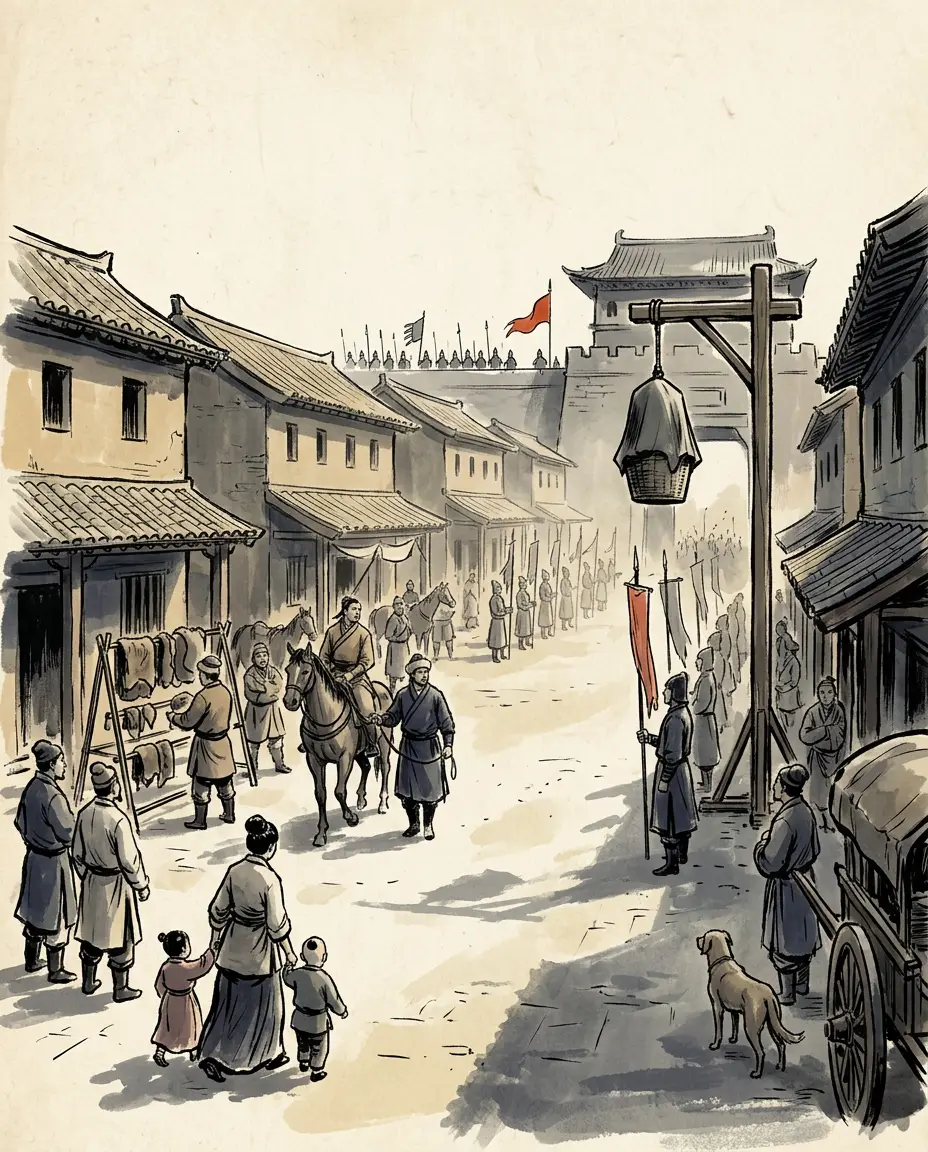 Panel 15: The memorial that came back with the head asked for something above the reward: that the skull be hung in the barbarian quarter of Chang'an, so that anyone who could read the distance could also read the price.