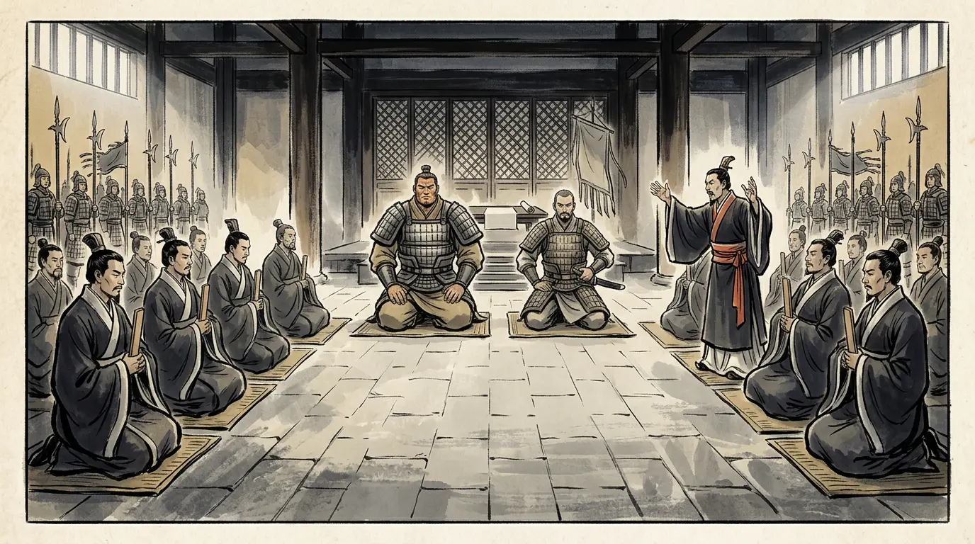 Panel 16: Then came the harder question, which was whether the men who did it were criminals. Shi Xian and Kuang Heng said one reward here would buy a war on every frontier; the emperor liked the deed and dreaded the argument, and the case sat unresolved.