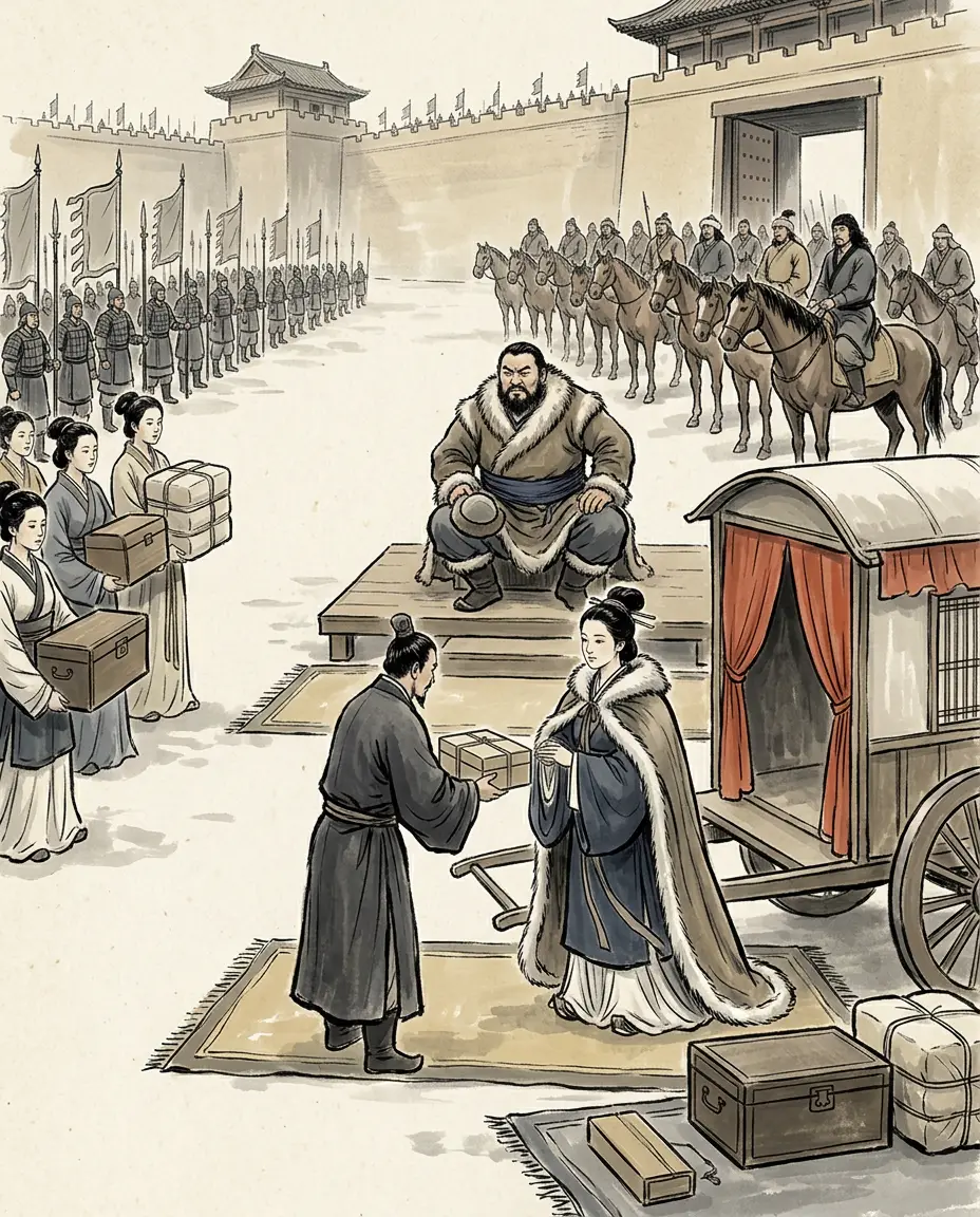 Panel 17: Huhanye came again in 33 BCE, having waited for his brother to die, and asked to marry into the imperial house. The court sent a woman of Nan commandery who had been chosen into the palaces, and renamed the era in the same month.