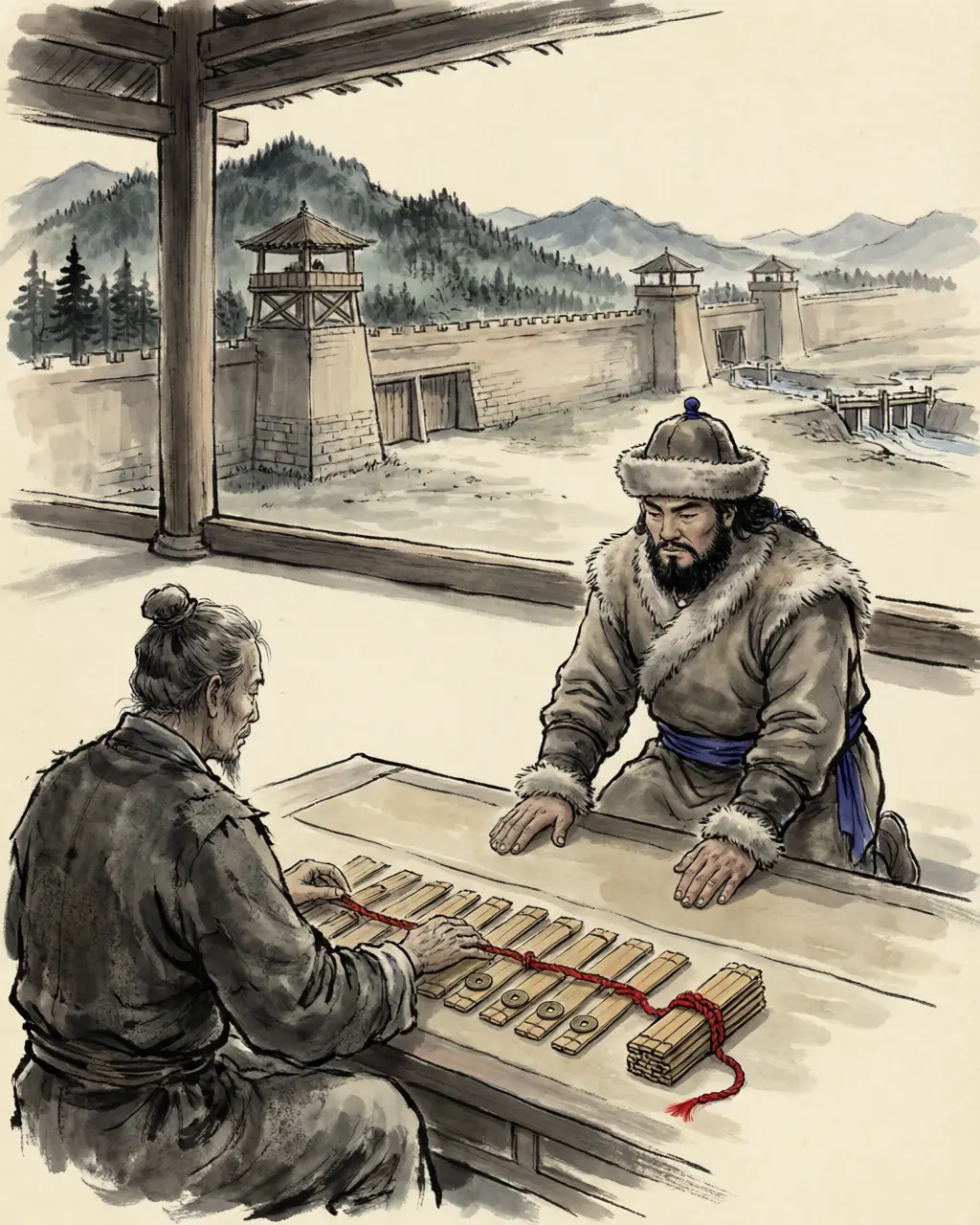 Panel 18: The chanyu's last offer was what the court had wanted for a century: he would give up the wall and police the frontier himself, for ever. Every minister thought it a good trade. One man who knew the border wrote down ten reasons why it was not.