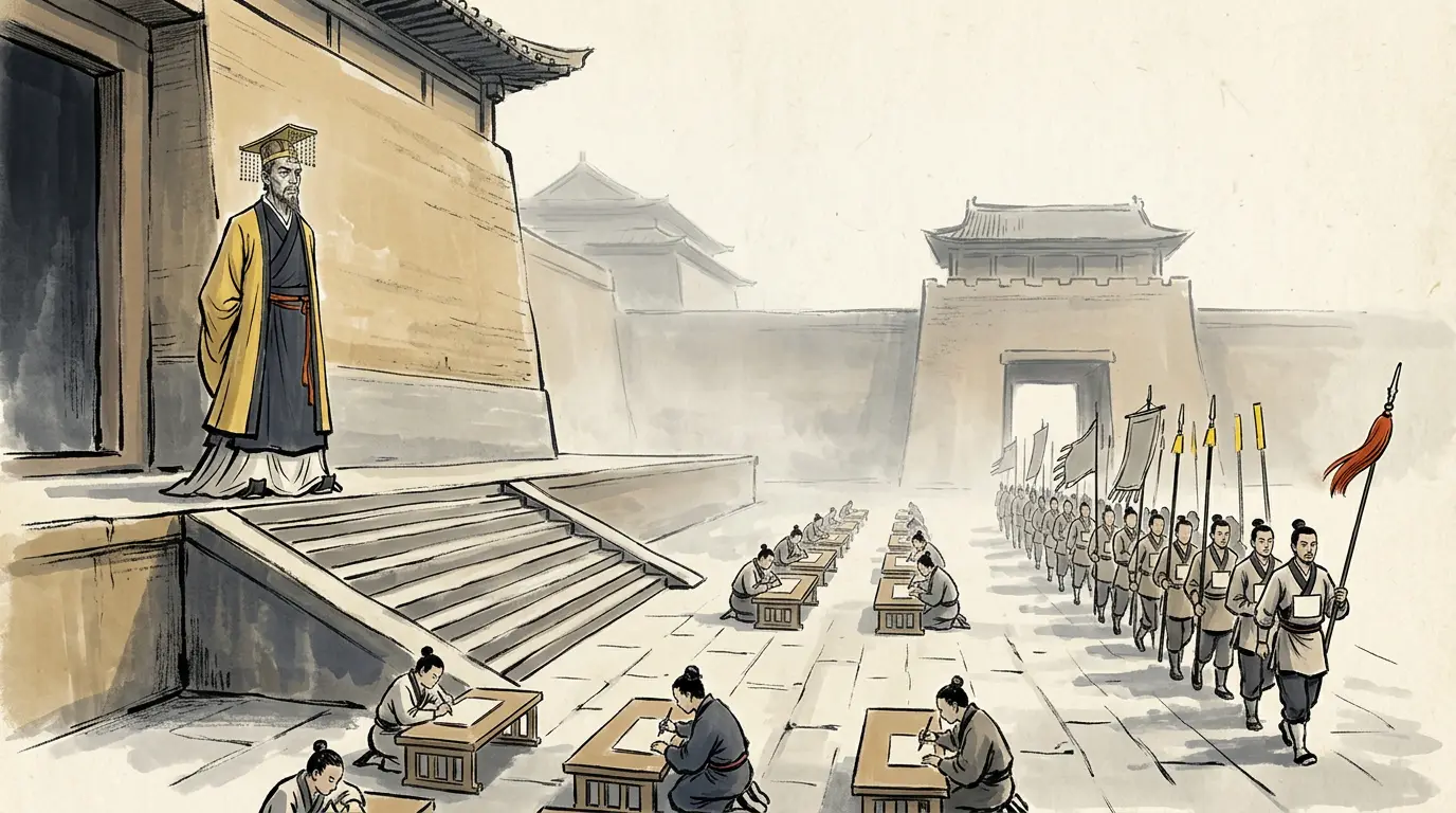 A single figure in yellow ceremonial robe and a cap of king's jade standing on the steps of a vast rammed-earth hall at dawn while scribes kneel in rows copying name-boards and a line of envoys with yellow-tipped staffs carries new seals out through the gate, 9 CE