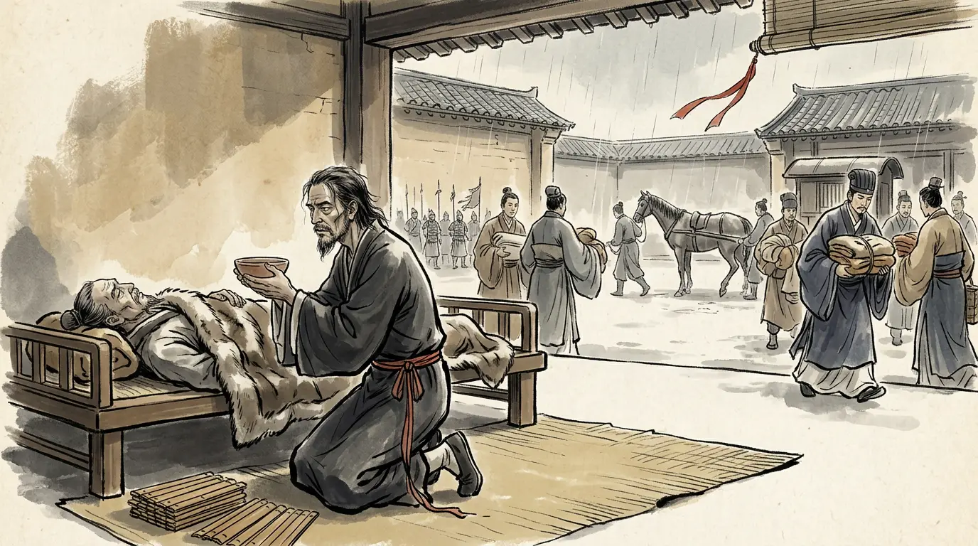 Panel 02: The Wang house had nine marquisates and five Grand Marshalships in the two reigns before his, and five of the emperor's uncles were enfeoffed on a single day. One branch got no marquisate, because its head died early: out of that gap came a student of the ritual classics who tasted his dying uncle's medicine for months with his hair unwashed and his belt unloosened, was made Marquis of Xindu with fifteen hundred households in 16 BCE, and gave away his carriages, his horses and his fur coats to his guests until his house had nothing left.