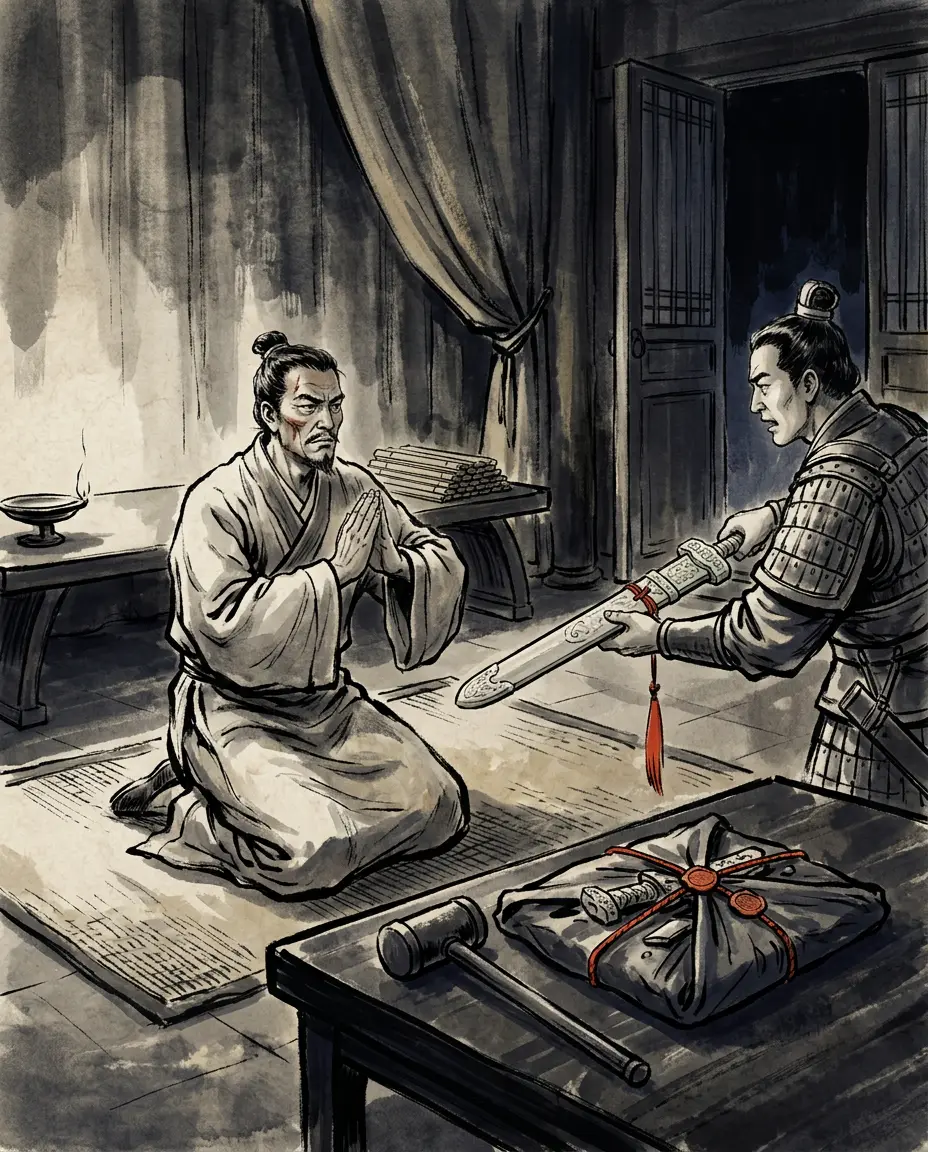 Panel 03: The one man in the capital whose refusal could not be bought was a noble of Chu called Kong Xiu. Wang Mang pressed a jade-hilted sword on him, saying he had seen a scar on his face and that fine jade will take a scar away; Kong Xiu pleaded illness and would not take it. Mang said: you think it too dear — then he smashed the sword with a mallet, wrapped the pieces in his own hands and sent them, and Kong Xiu accepted them.