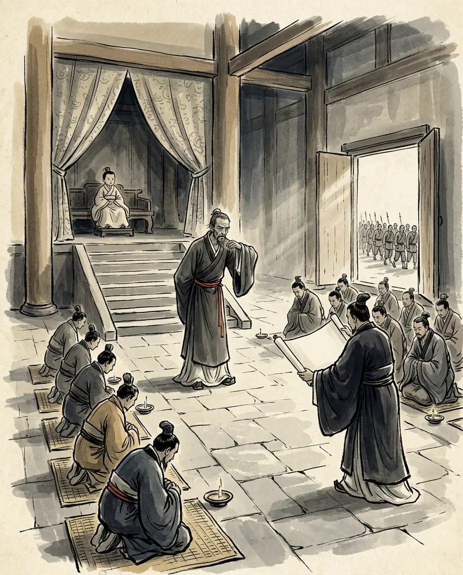 Panel 04: Emperor Cheng died on the wu-horse night of the sixth month of 1 BCE; Wang Mang was Grand Marshal two days later, and the favourite who had held the emperor's ear killed himself that same day. He made a child emperor whose mother's family he could keep out, took the title Duke Who Settles the Han in the first month of 1 CE, then the Steward-Balance above the Three Excellencies, then the nine bestowments in 5 CE, and shut the regency's law with fifty new articles whose punishment was transportation to the Western Sea: the transported ran to thousands and tens of thousands, and the people began to resent him.