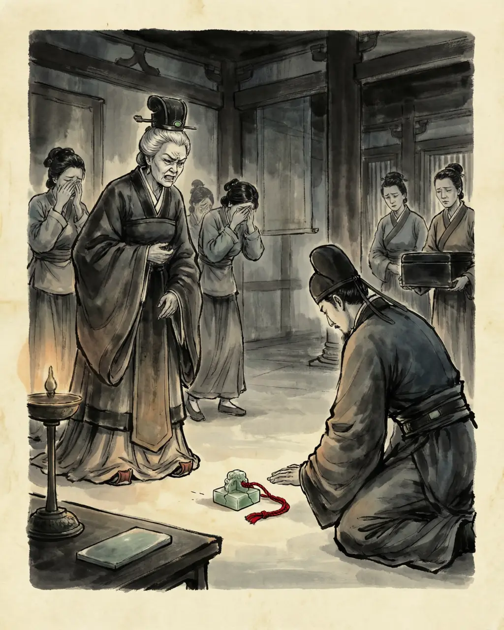 Panel 06: To take the throne he had to have the Han's transmission seal, and it was with the one person in his family who had out-vetoed him twice: his aunt, the great-grandmother of the emperor he had deposed. Her own nephew came to ask. She answered that a new dynasty should cut its own seal and hand it down for ten thousand generations, and that she would not use the unlucky seal of a state that had lost the mandate; then she threw it on the floor at Wang Shun's feet and told him and his brothers they would be clan-exterminated. Wang Mang was delighted, and gave a banquet in her honour on the terrace in the middle of the Weiyang lake.