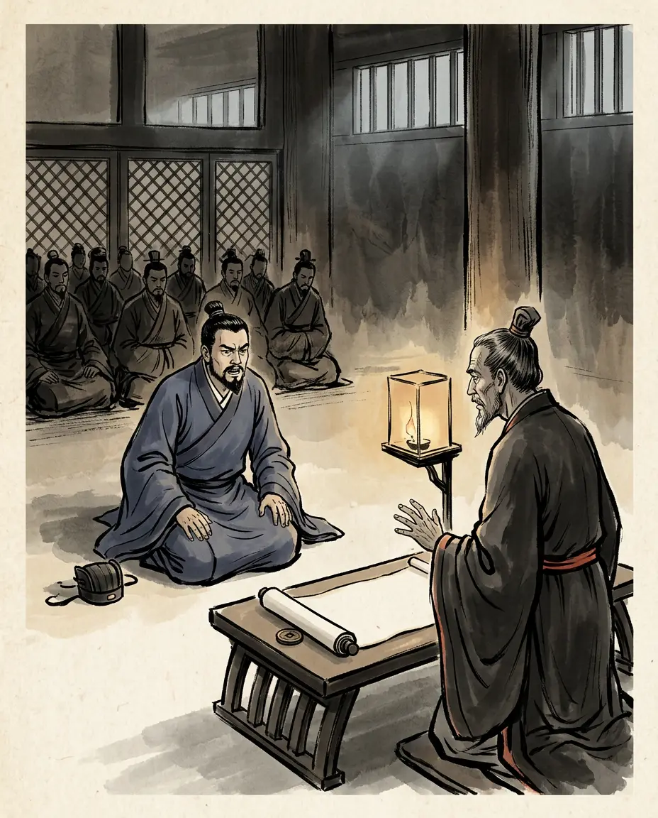 Panel 08: The law held three years and was reversed by a middle-rank palace officer named Ou Bo, who told the emperor that the well-field was a sage's law but had been abolished for a very long time, that Qin had read the people's hearts and got the greatest profit from it, and that the whole realm had still not wearied of the harm Qin left behind. To go back against the hearts of the people now, he said, and chase a track cut off a thousand years ago, was something that even Yao and Shun risen again could not do in a hundred years.