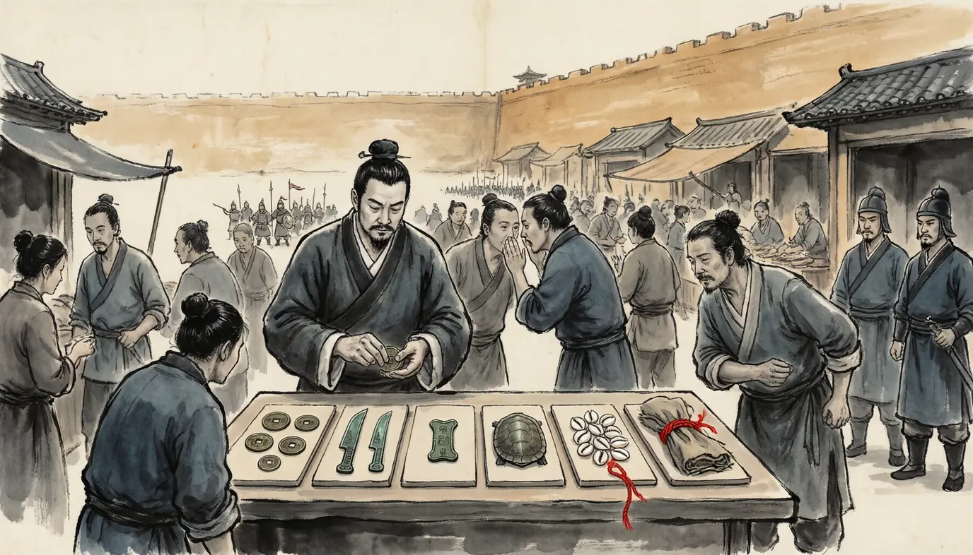 Panel 09: In the years from 7 CE he changed the money again and again. First he made a big piece worth fifty of the old coins, a knife worth five hundred and an inlaid knife worth five thousand, running alongside the Han's familiar five-zhu piece; then, because he worked out that the character for the Liu surname contains the words for gold and for knife, he abolished the knives and the five-zhu together and issued a table of twenty-eight denominations in five materials — gold, silver, tortoise-shell, cowries, copper and cloth.